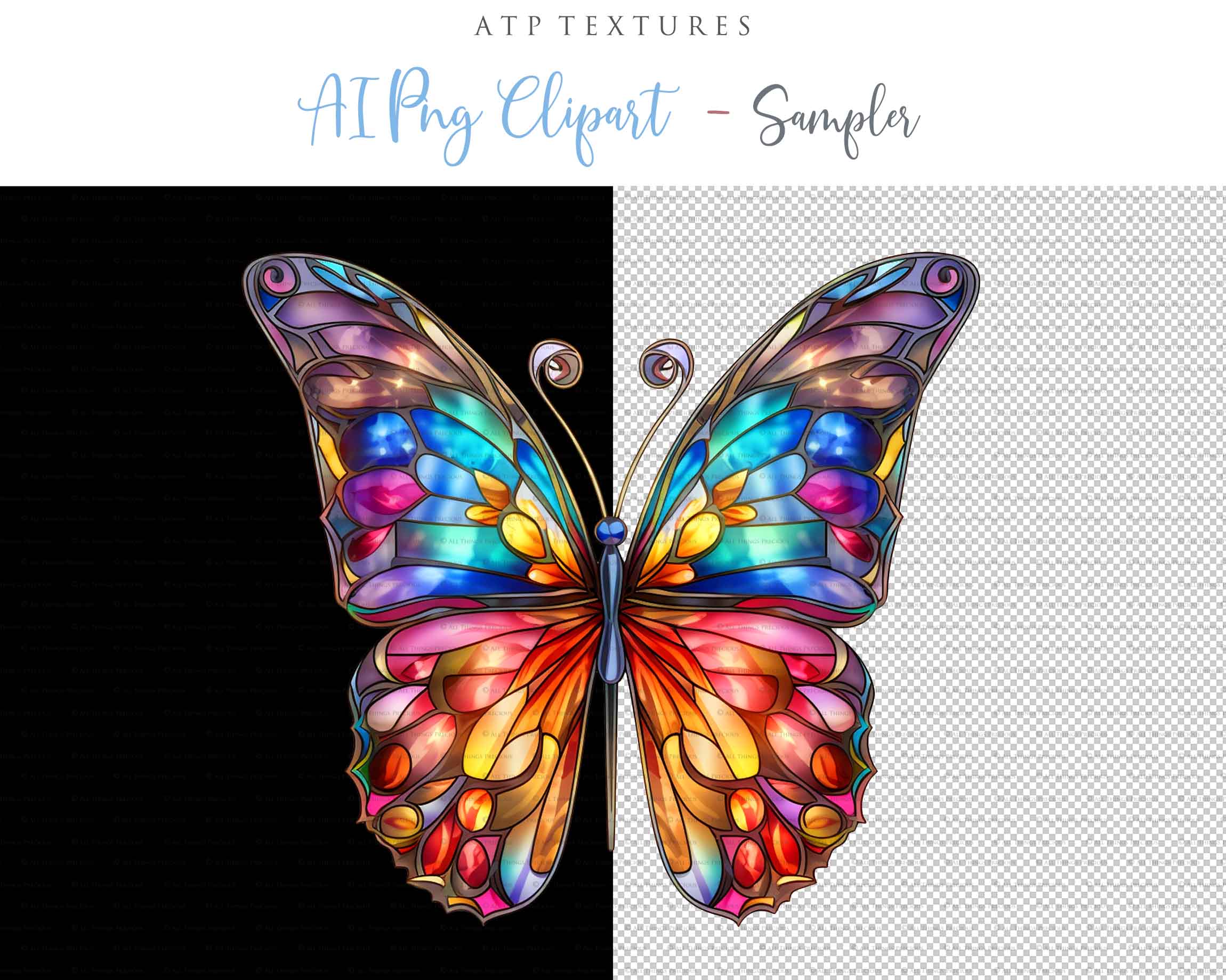 Stained Glass Butterfly clipart. Perfect for scrapbooking and print. If you want to print your completed artwork, you can! PNG Transparent files, High resolution, 300dpi. AI Digital Art. - ATP Textures