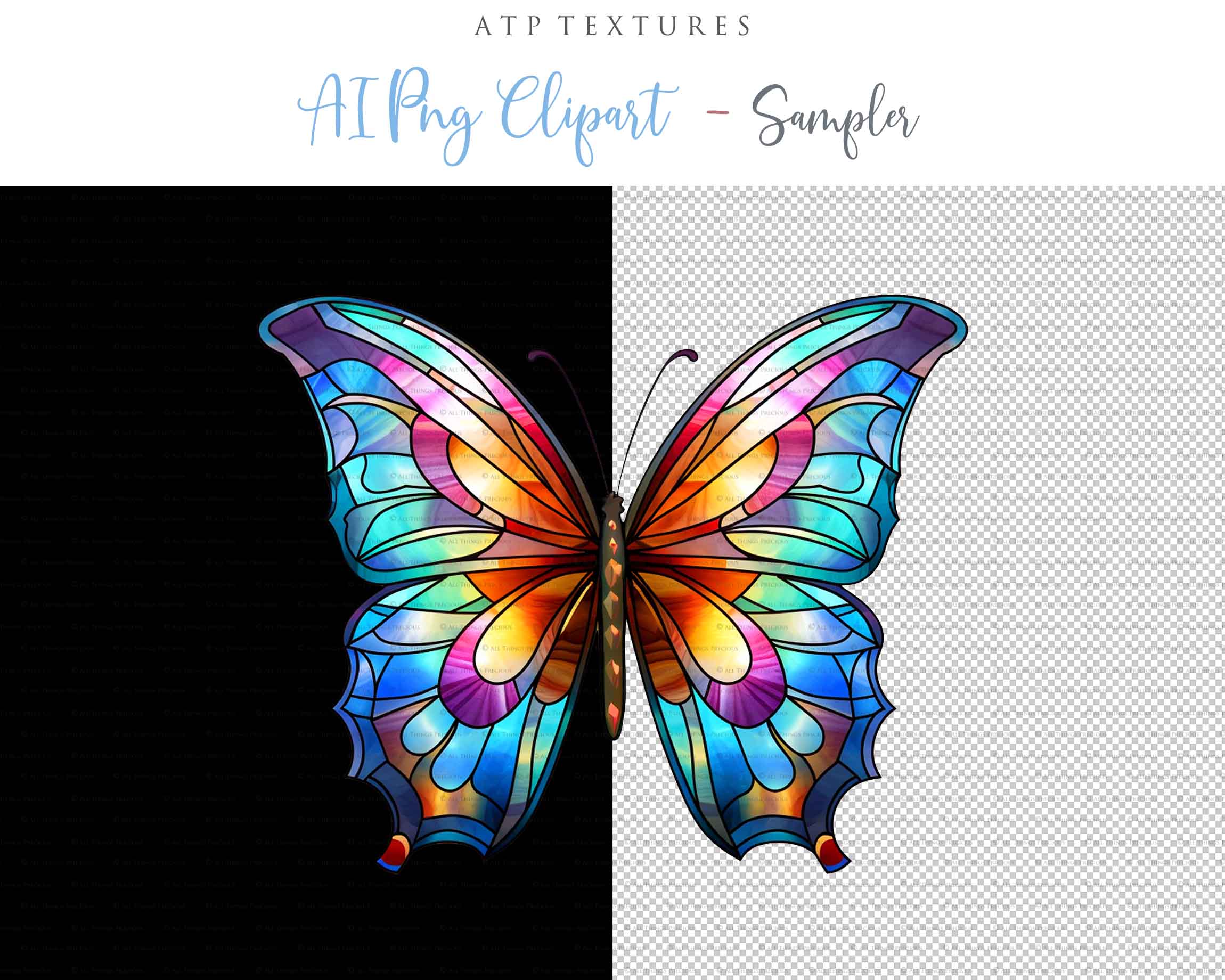 Stained Glass Butterfly clipart. Perfect for scrapbooking and print. If you want to print your completed artwork, you can! PNG Transparent files, High resolution, 300dpi. AI Digital Art. - ATP Textures