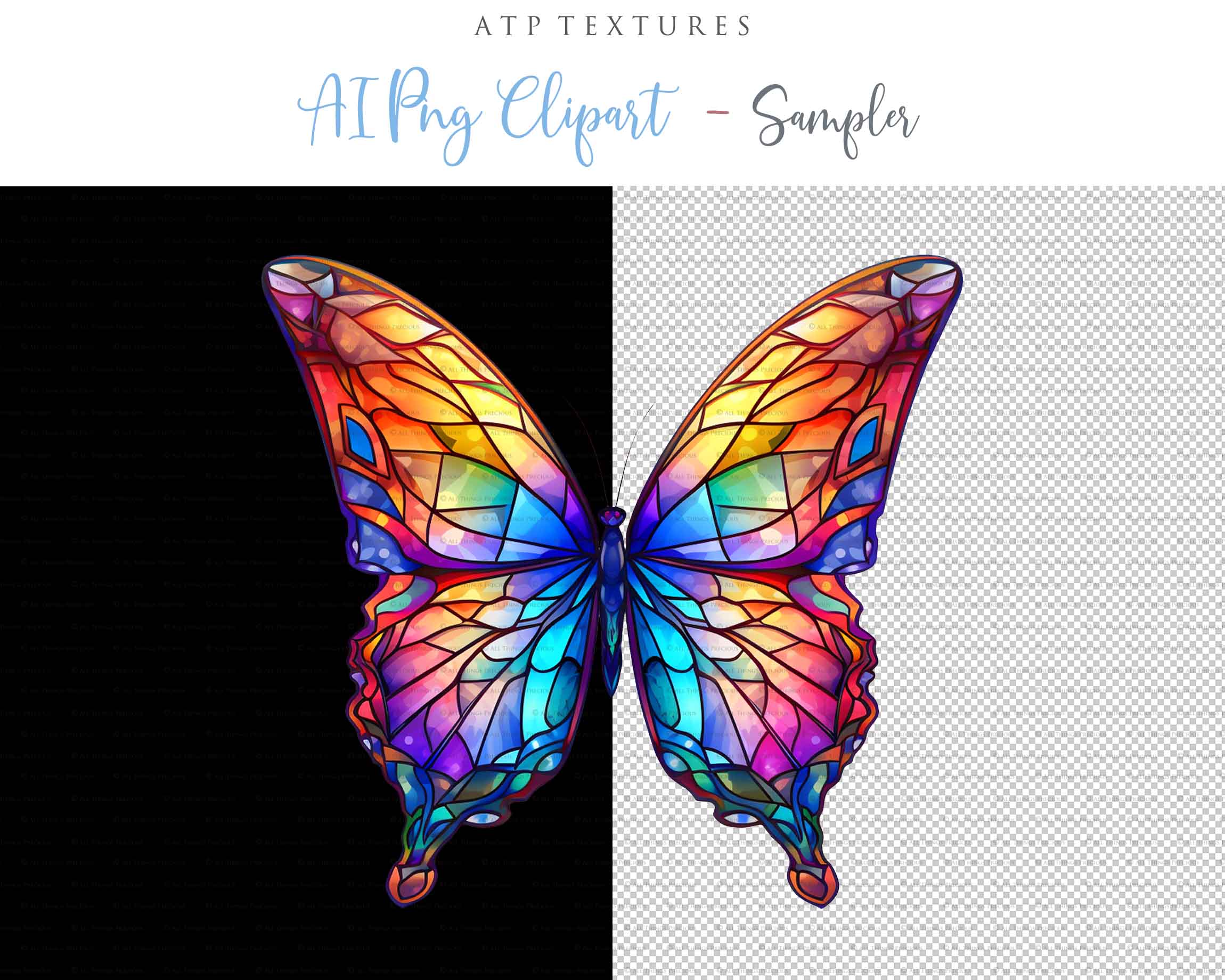 Stained Glass Butterfly clipart. Perfect for scrapbooking and print. If you want to print your completed artwork, you can! PNG Transparent files, High resolution, 300dpi. AI Digital Art. - ATP Textures
