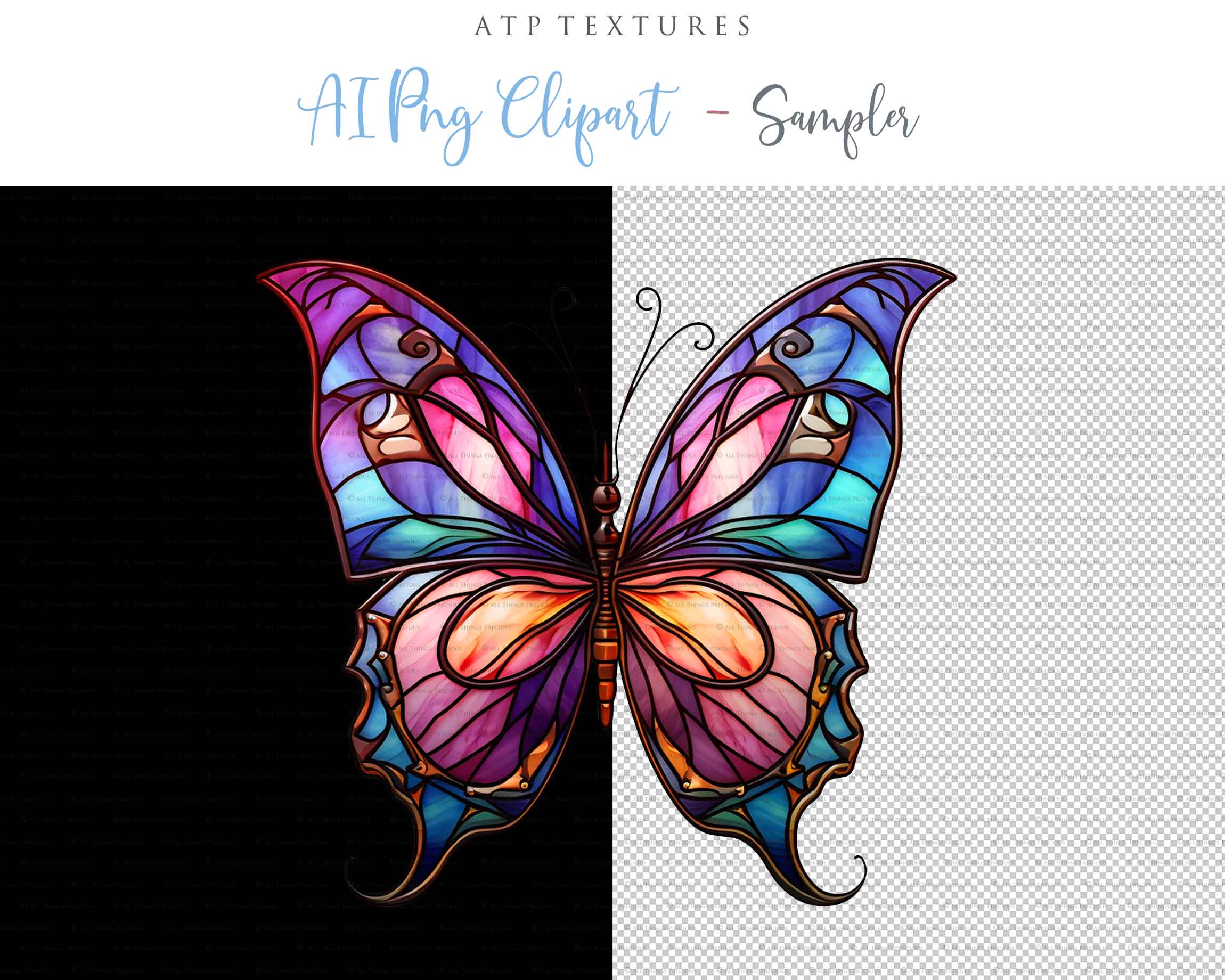 Stained Glass Butterfly clipart. Perfect for scrapbooking and print. If you want to print your completed artwork, you can! PNG Transparent files, High resolution, 300dpi. AI Digital Art. - ATP Textures