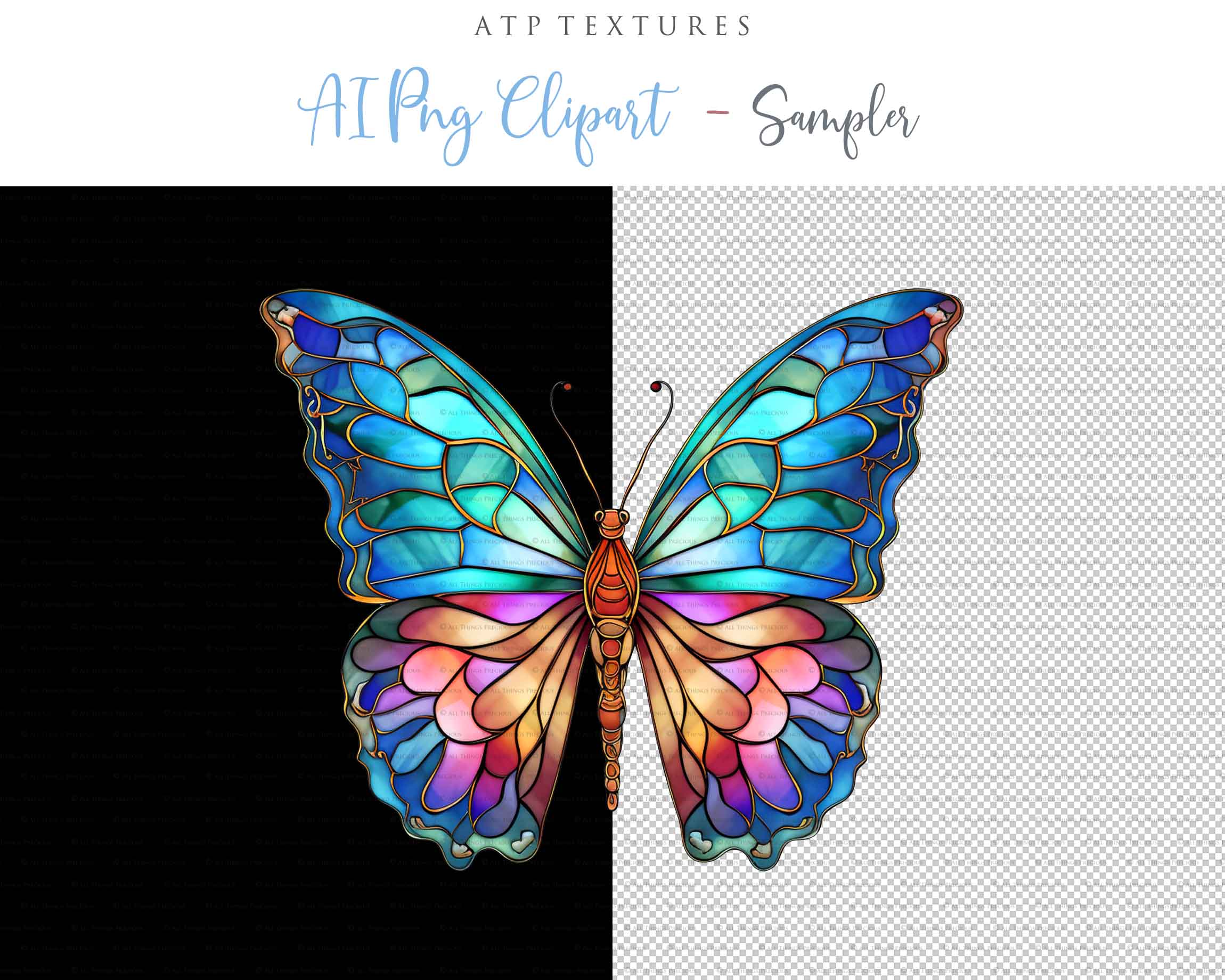 Stained Glass Butterfly clipart. Perfect for scrapbooking and print. If you want to print your completed artwork, you can! PNG Transparent files, High resolution, 300dpi. AI Digital Art. - ATP Textures