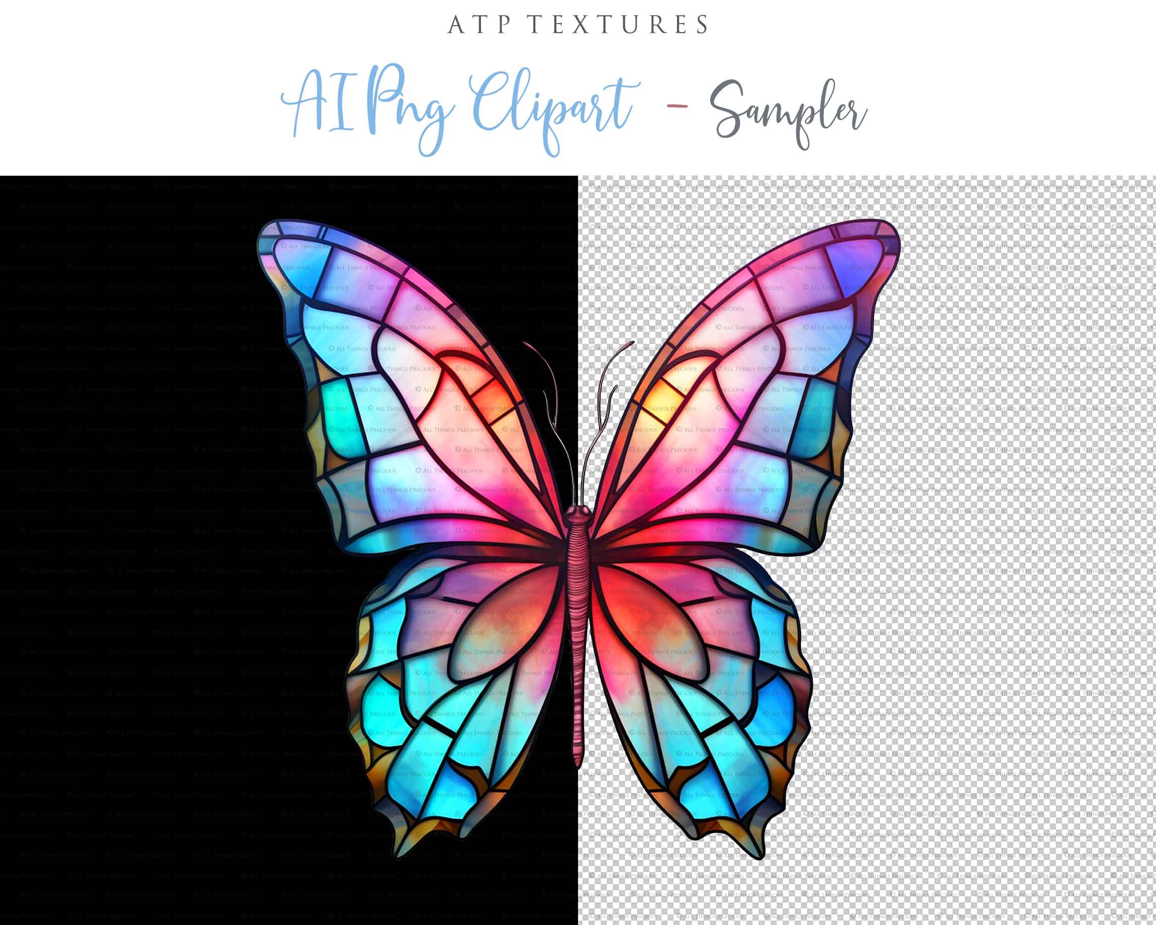 Stained Glass Butterfly clipart. Perfect for scrapbooking and print. If you want to print your completed artwork, you can! PNG Transparent files, High resolution, 300dpi. AI Digital Art. - ATP Textures