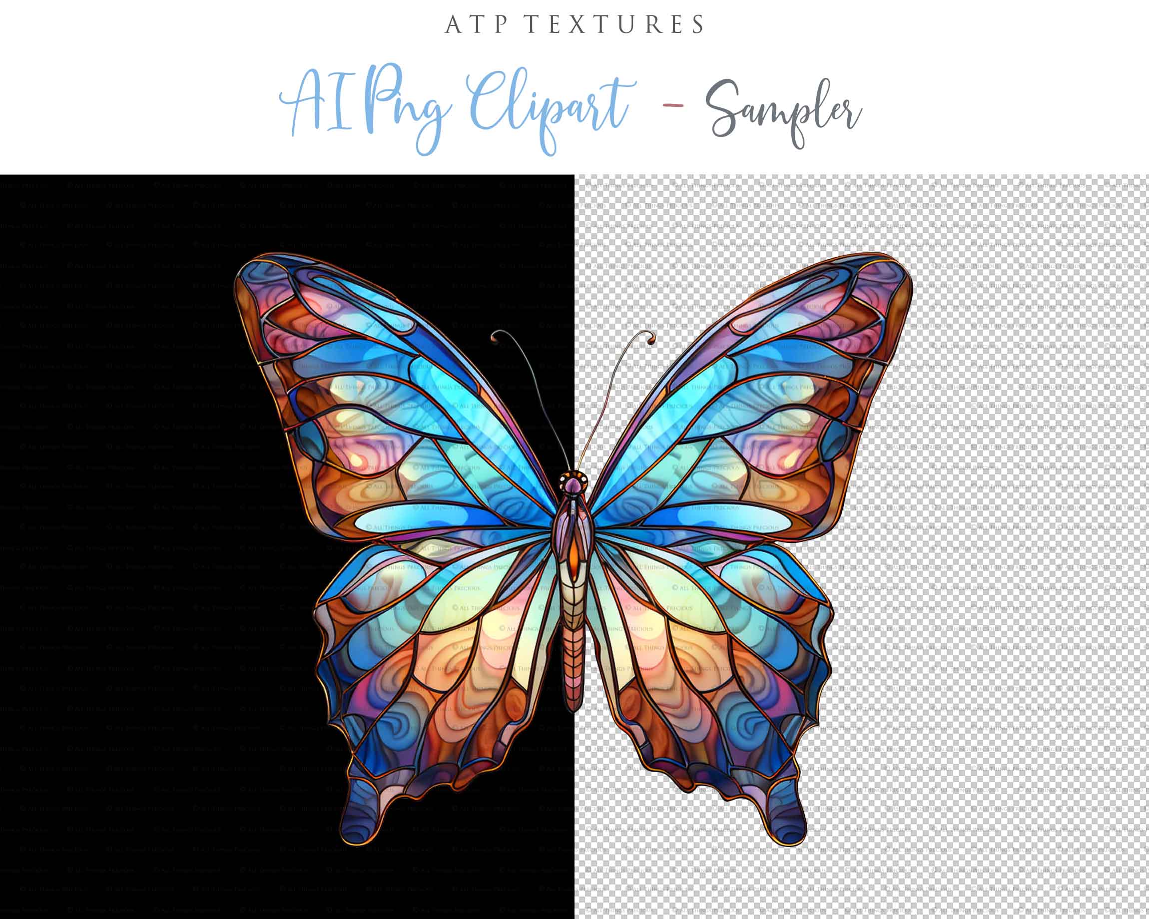 Stained Glass Butterfly clipart. Perfect for scrapbooking and print. If you want to print your completed artwork, you can! PNG Transparent files, High resolution, 300dpi. AI Digital Art. - ATP Textures