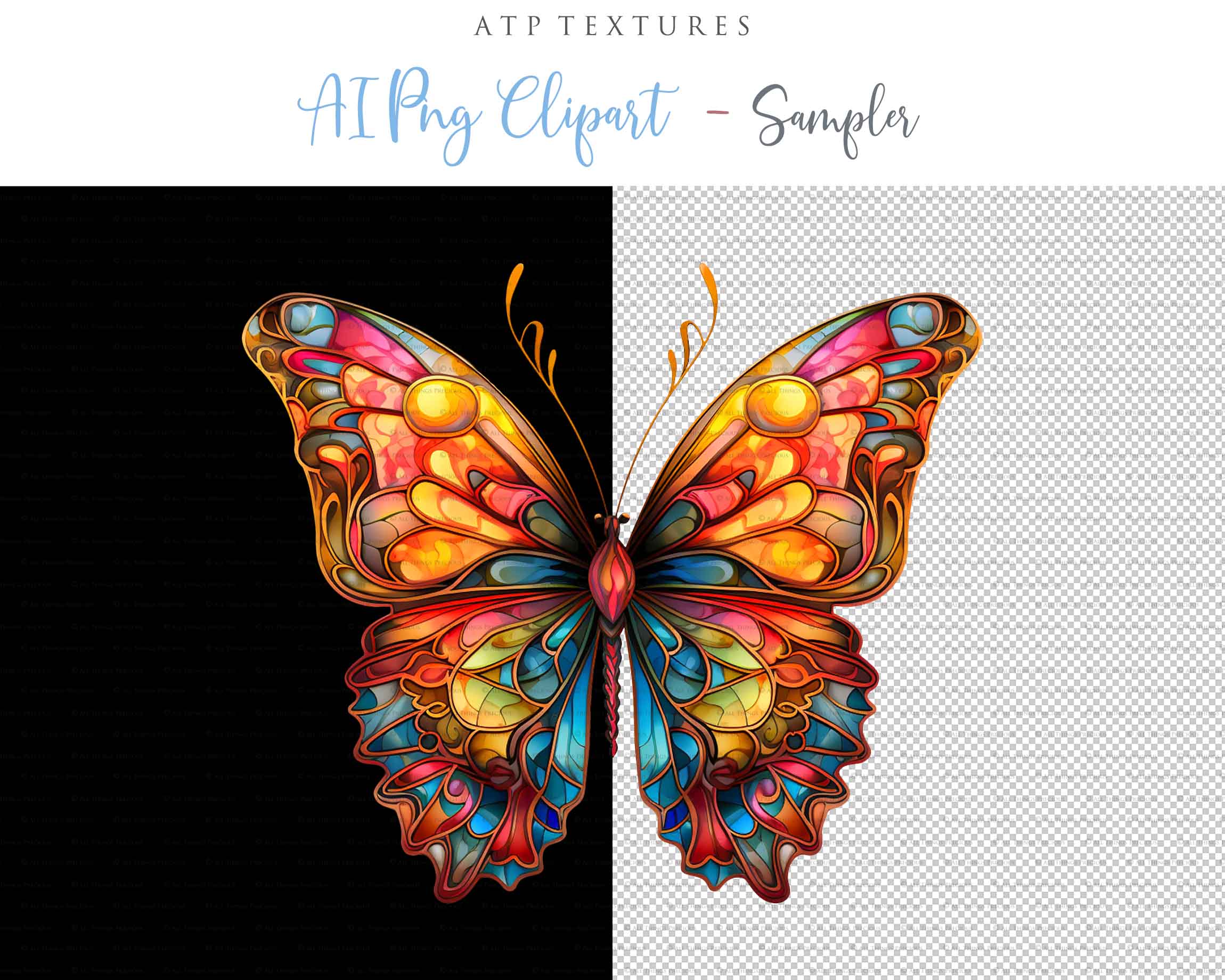 Stained Glass Butterfly clipart. Perfect for scrapbooking and print. If you want to print your completed artwork, you can! PNG Transparent files, High resolution, 300dpi. AI Digital Art. - ATP Textures