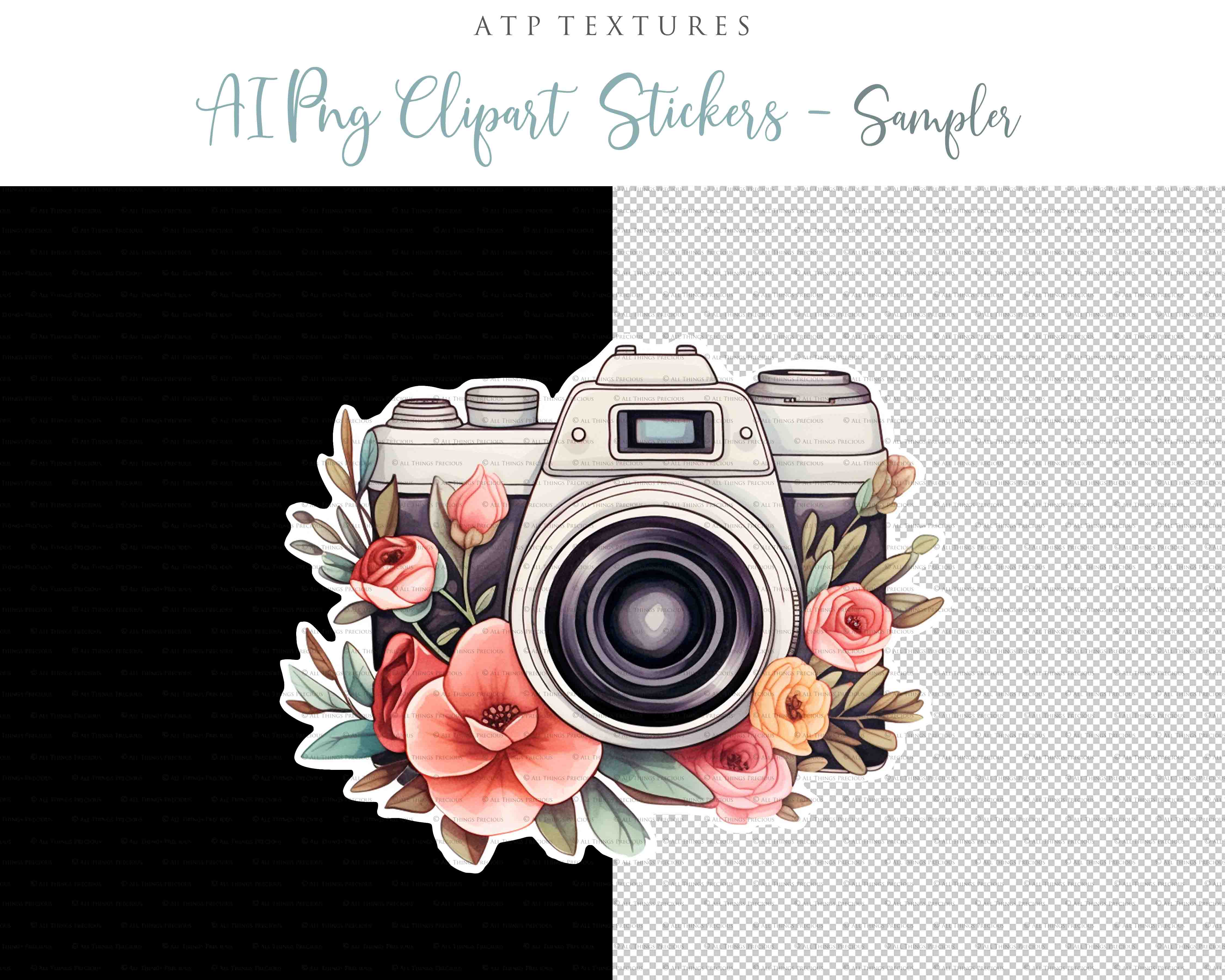 Vintage camera Png clipart. For Scrapbooking, Sublimation Print and Card making. 300dpi. High resolution. If you want to print your completed artwork, you can! These are PNG Transparent files, high resolution and 300dpi. AI Digital Art.