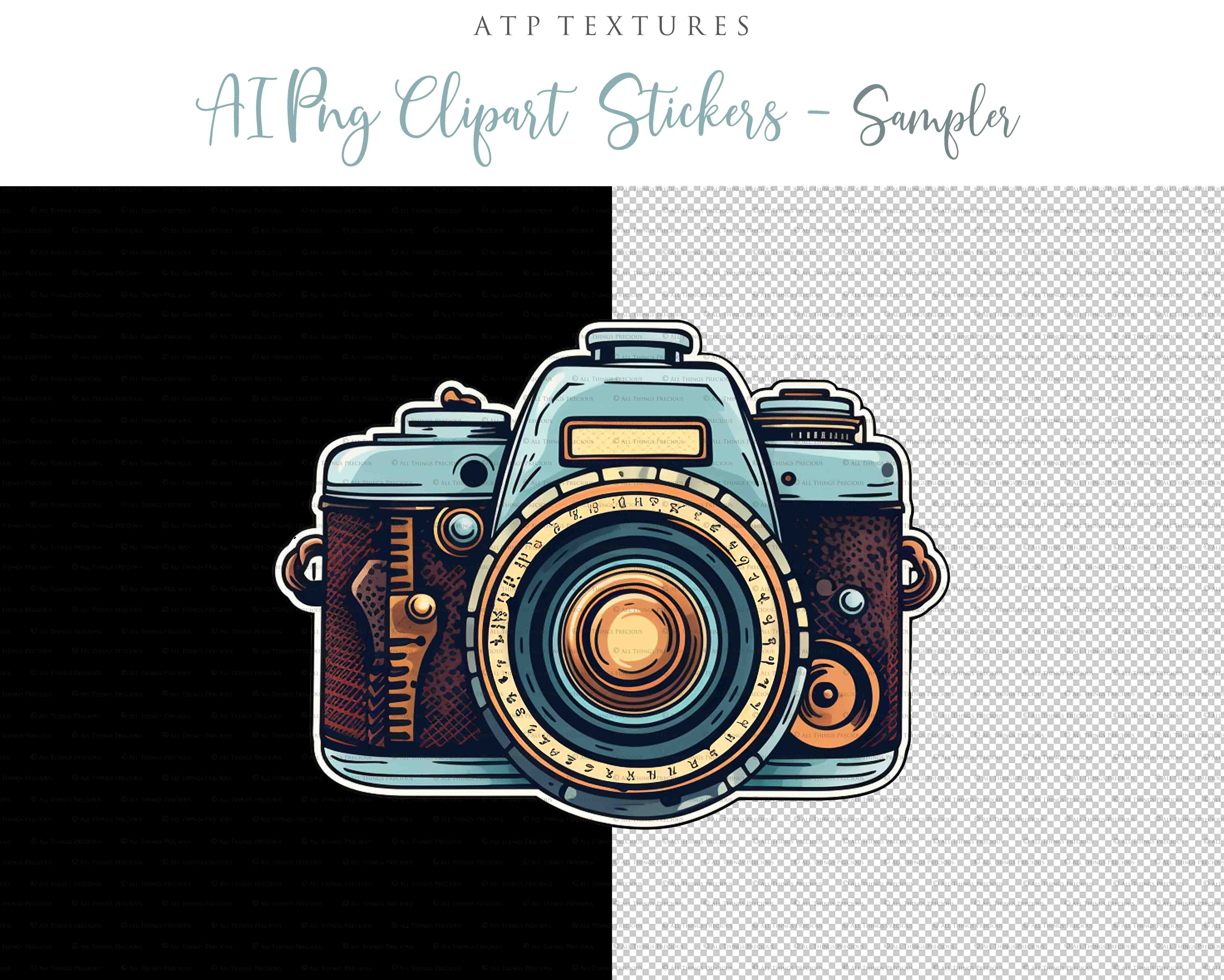 Vintage camera Png clipart. For Scrapbooking, Sublimation Print and Card making. 300dpi. High resolution. If you want to print your completed artwork, you can! These are PNG Transparent files, high resolution and 300dpi. AI Digital Art.