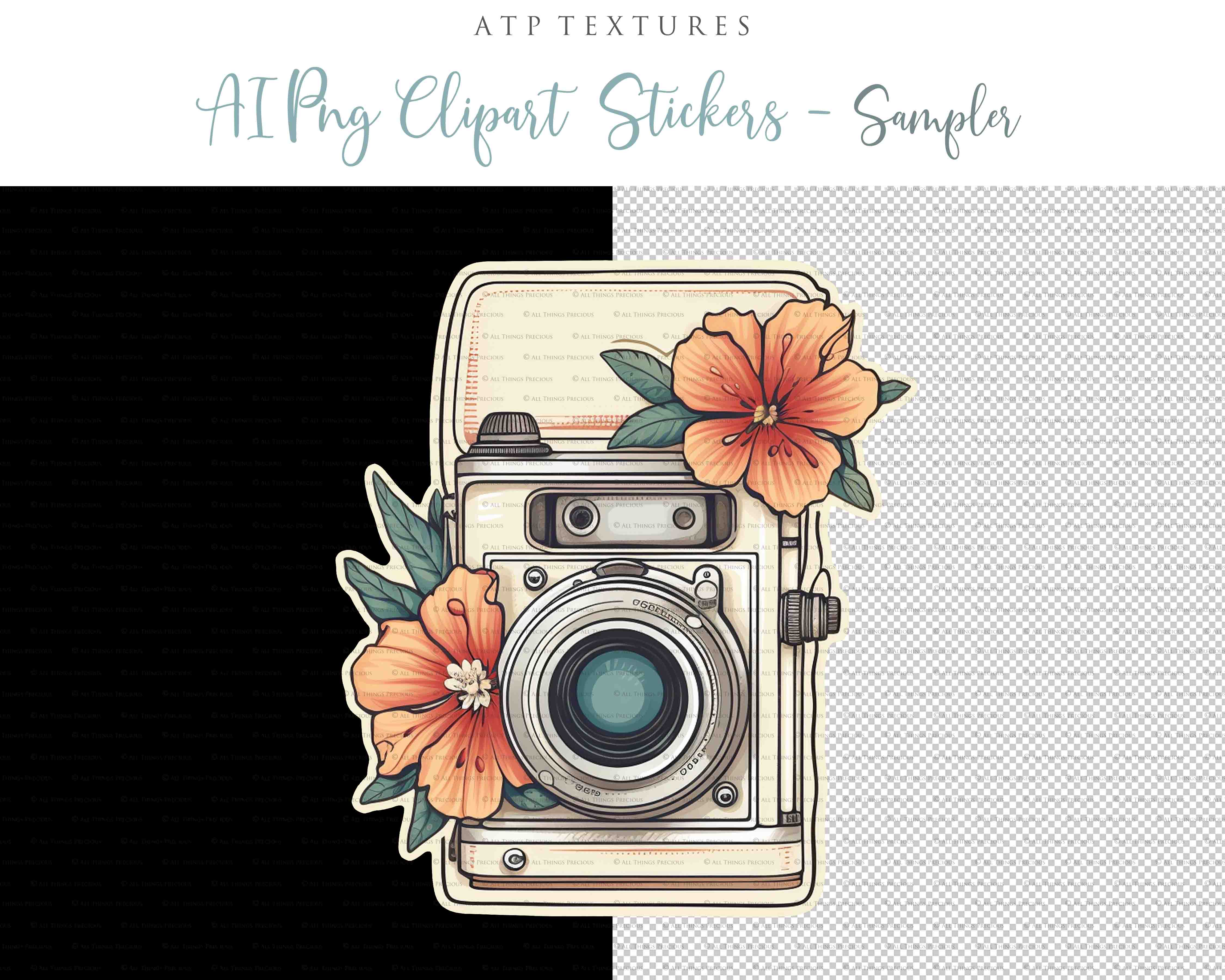 Vintage camera Png clipart. For Scrapbooking, Sublimation Print and Card making. 300dpi. High resolution. If you want to print your completed artwork, you can! These are PNG Transparent files, high resolution and 300dpi. AI Digital Art.