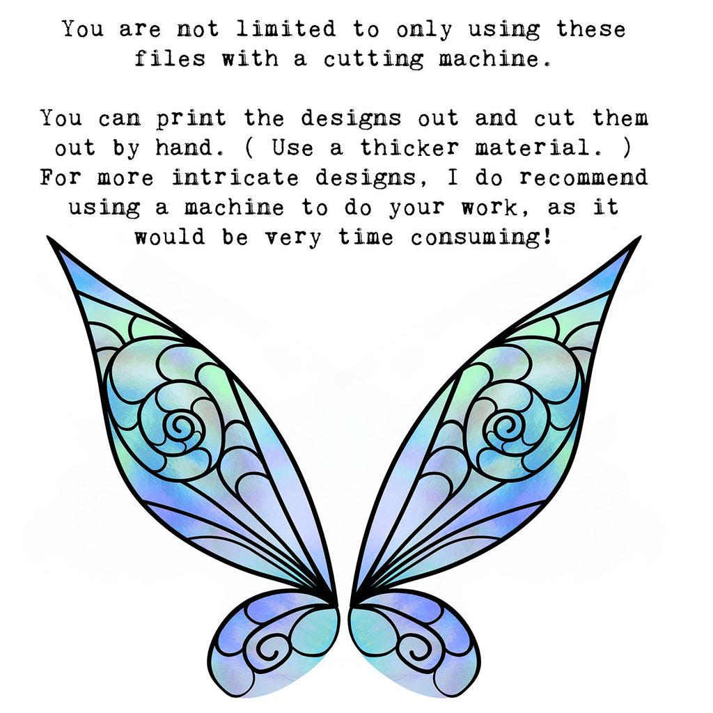 SVG & PNG Fairy Wing files for Cricut or Silhouette Cameo Cutting Machine. To create wearable fairy wings, in adult or children sizes. Simply load the design into design space for Cricut, re size and you are set to go!  These are Individual Wing Pieces, for you to cut and assemble. This is a DIGITAL product. 