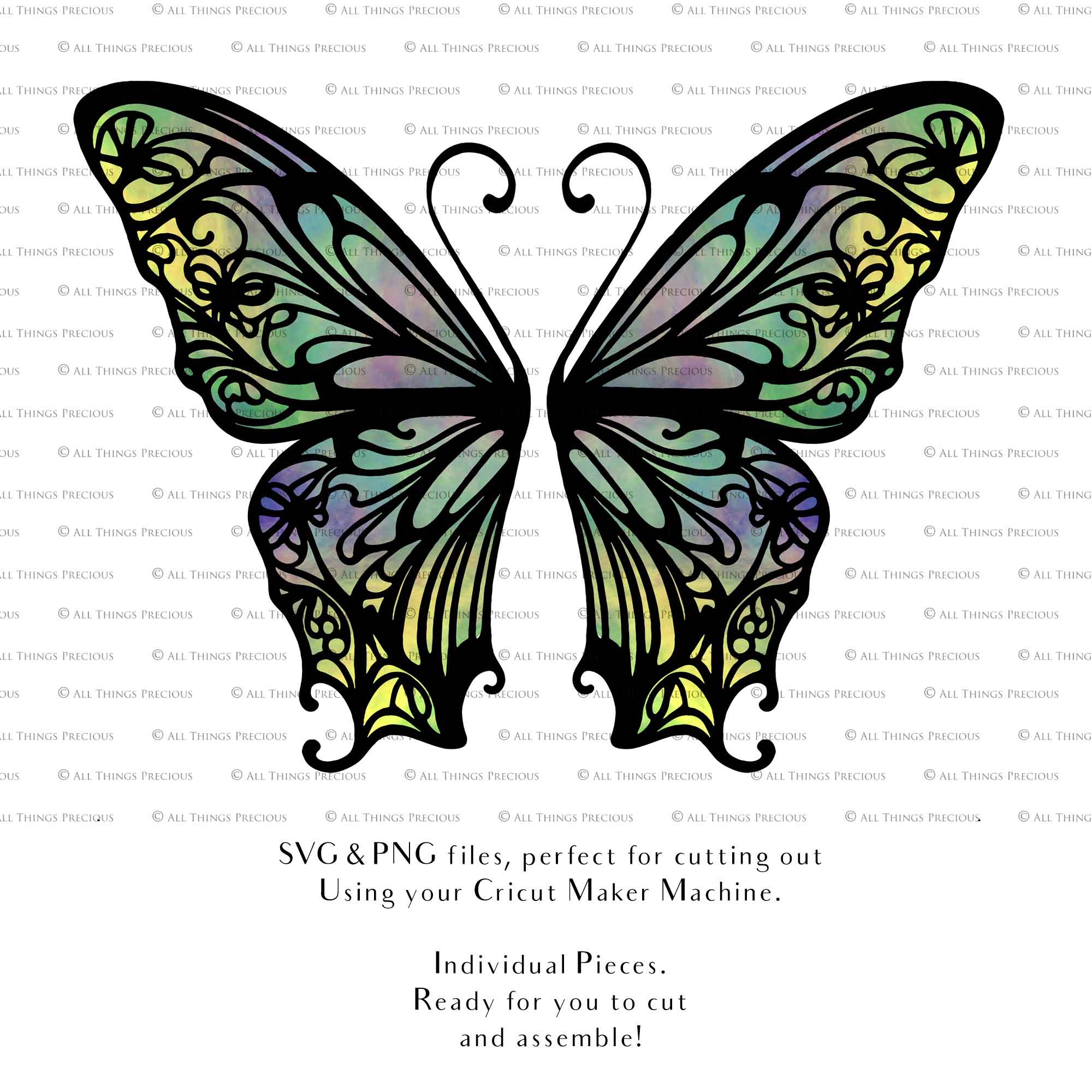 SVG & PNG Fairy Wing files for Cricut or Silhouette Cameo Cutting Machine. To create wearable fairy wings, in adult or children sizes. Graphic design for Halloween Costumes, Fantasy or Cosplay or photography. Print for weddings, engagements, baby shower invitations. DIY Printable. Fairycore, Cottagecore.