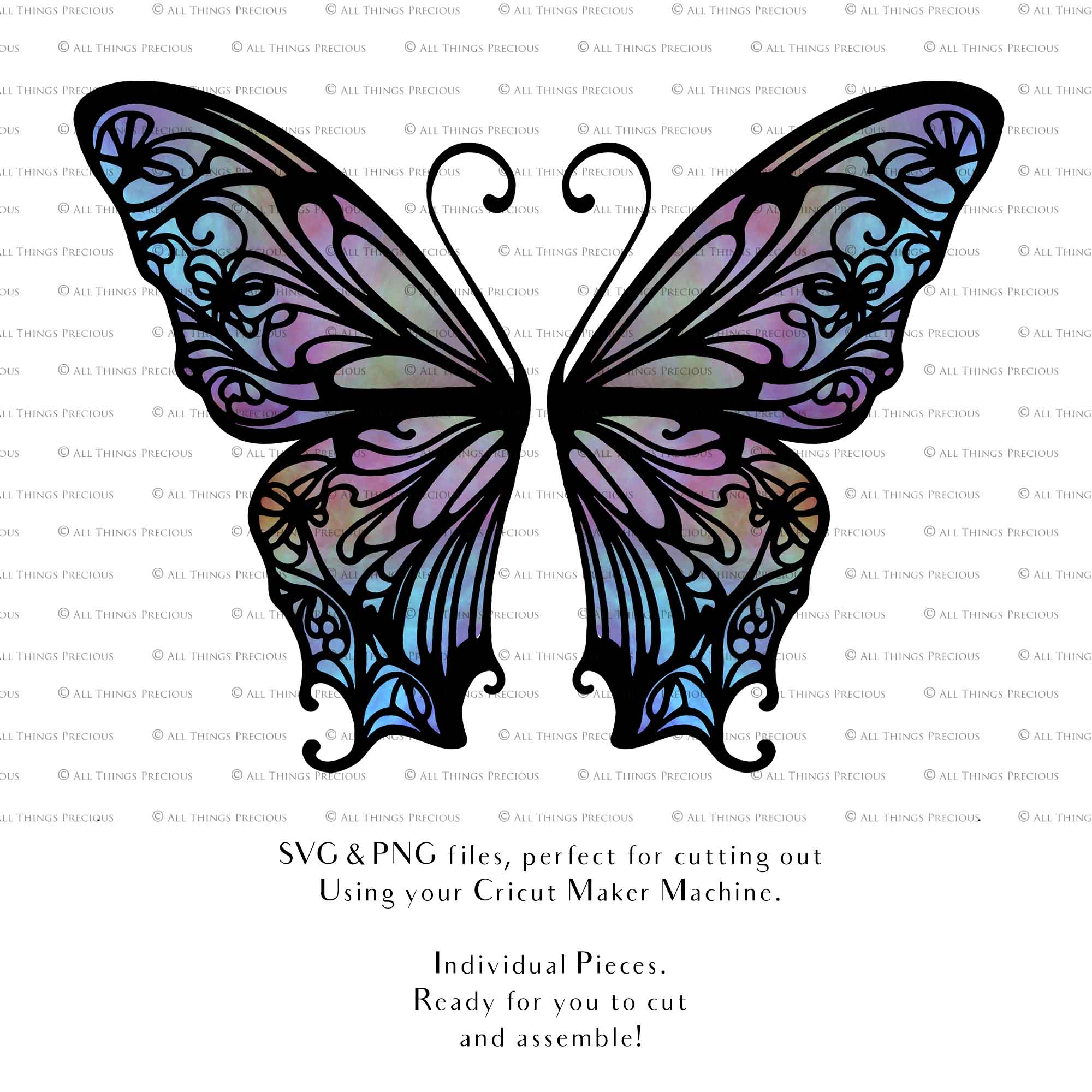 SVG & PNG Fairy Wing files for Cricut or Silhouette Cameo Cutting Machine. To create wearable fairy wings, in adult or children sizes. Graphic design for Halloween Costumes, Fantasy or Cosplay or photography. Print for weddings, engagements, baby shower invitations. DIY Printable. Fairycore, Cottagecore.