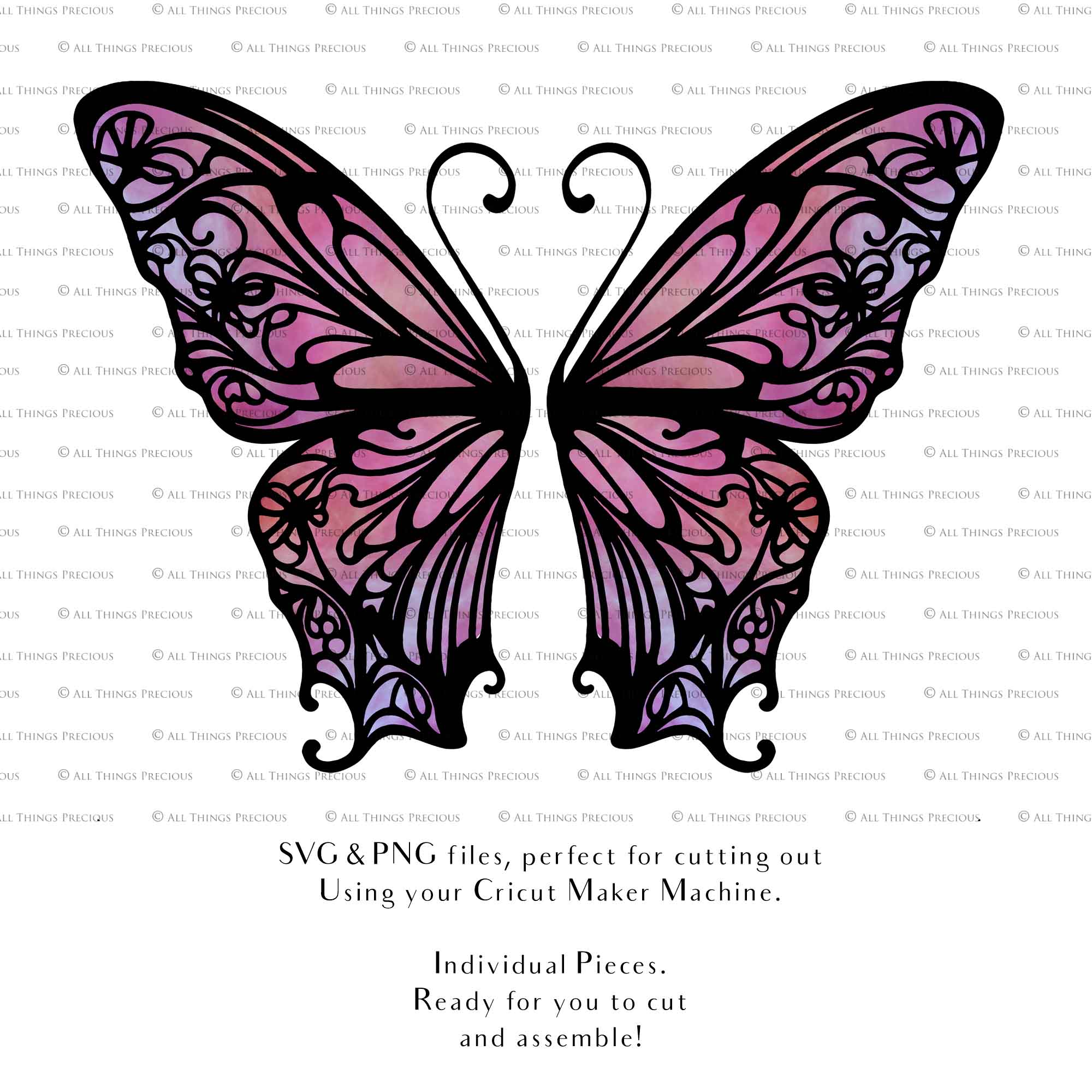 SVG & PNG Fairy Wing files for Cricut or Silhouette Cameo Cutting Machine. To create wearable fairy wings, in adult or children sizes. Graphic design for Halloween Costumes, Fantasy or Cosplay or photography. Print for weddings, engagements, baby shower invitations. DIY Printable. Fairycore, Cottagecore.