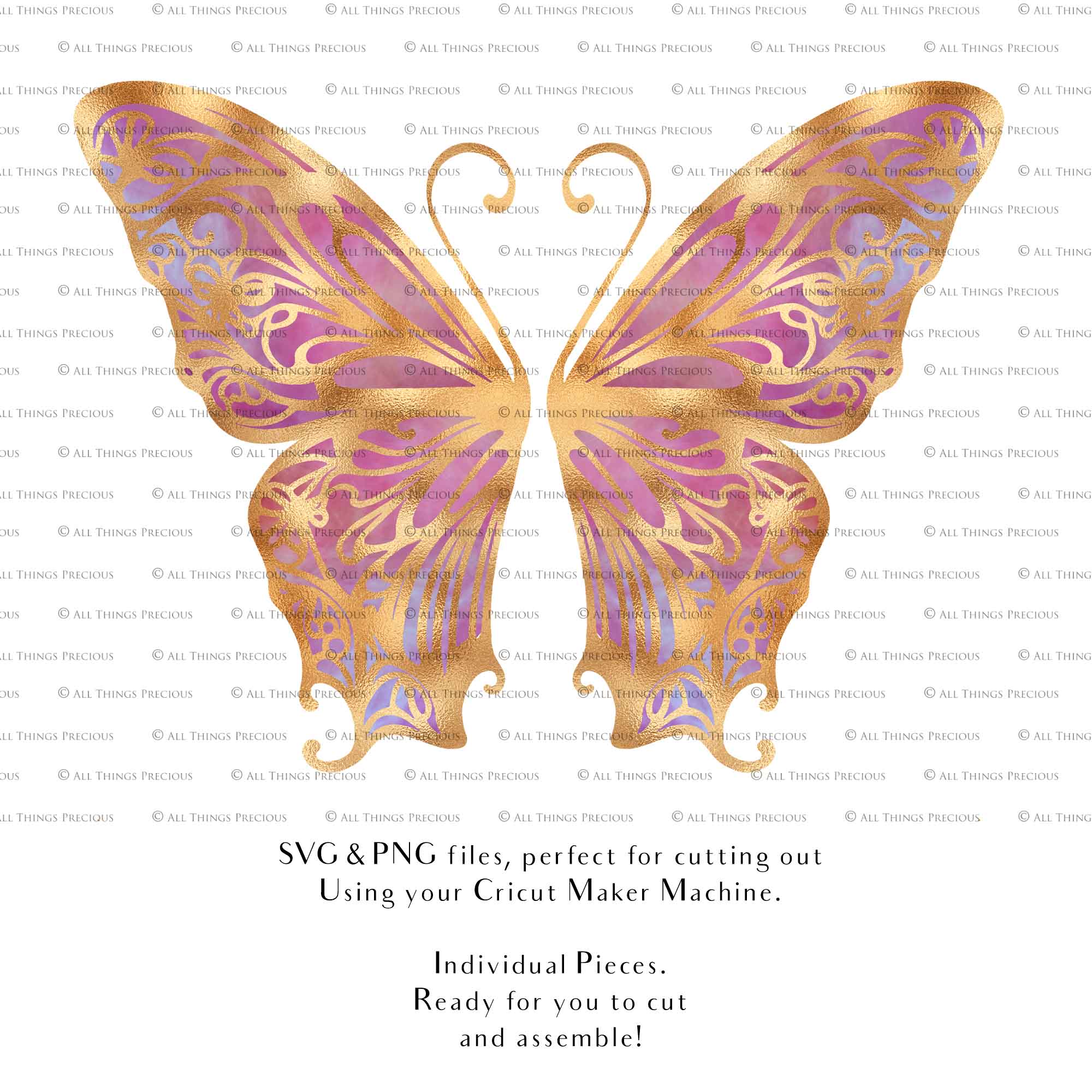 SVG & PNG Fairy Wing files for Cricut or Silhouette Cameo Cutting Machine. To create wearable fairy wings, in adult or children sizes. Graphic design for Halloween Costumes, Fantasy or Cosplay or photography. Print for weddings, engagements, baby shower invitations. DIY Printable. Fairycore, Cottagecore.