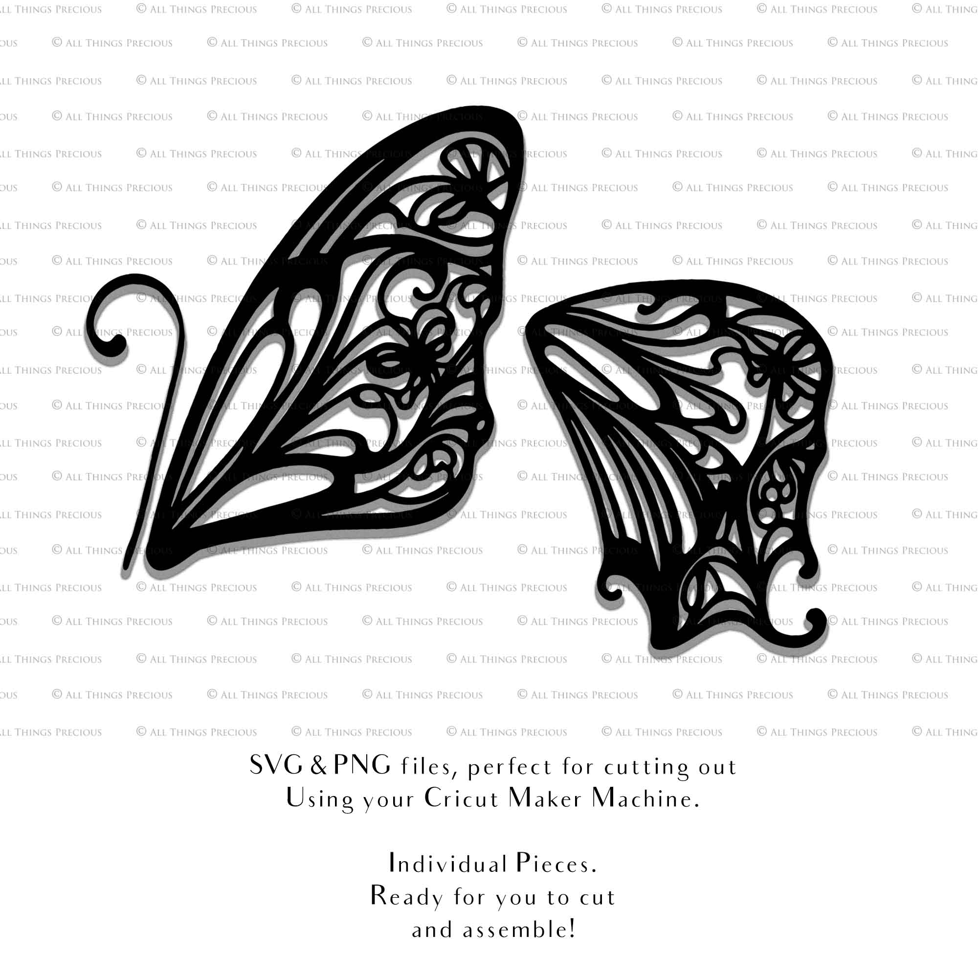 SVG & PNG Fairy Wing files for Cricut or Silhouette Cameo Cutting Machine. To create wearable fairy wings, in adult or children sizes. Graphic design for Halloween Costumes, Fantasy or Cosplay or photography. Print for weddings, engagements, baby shower invitations. DIY Printable. Fairycore, Cottagecore.