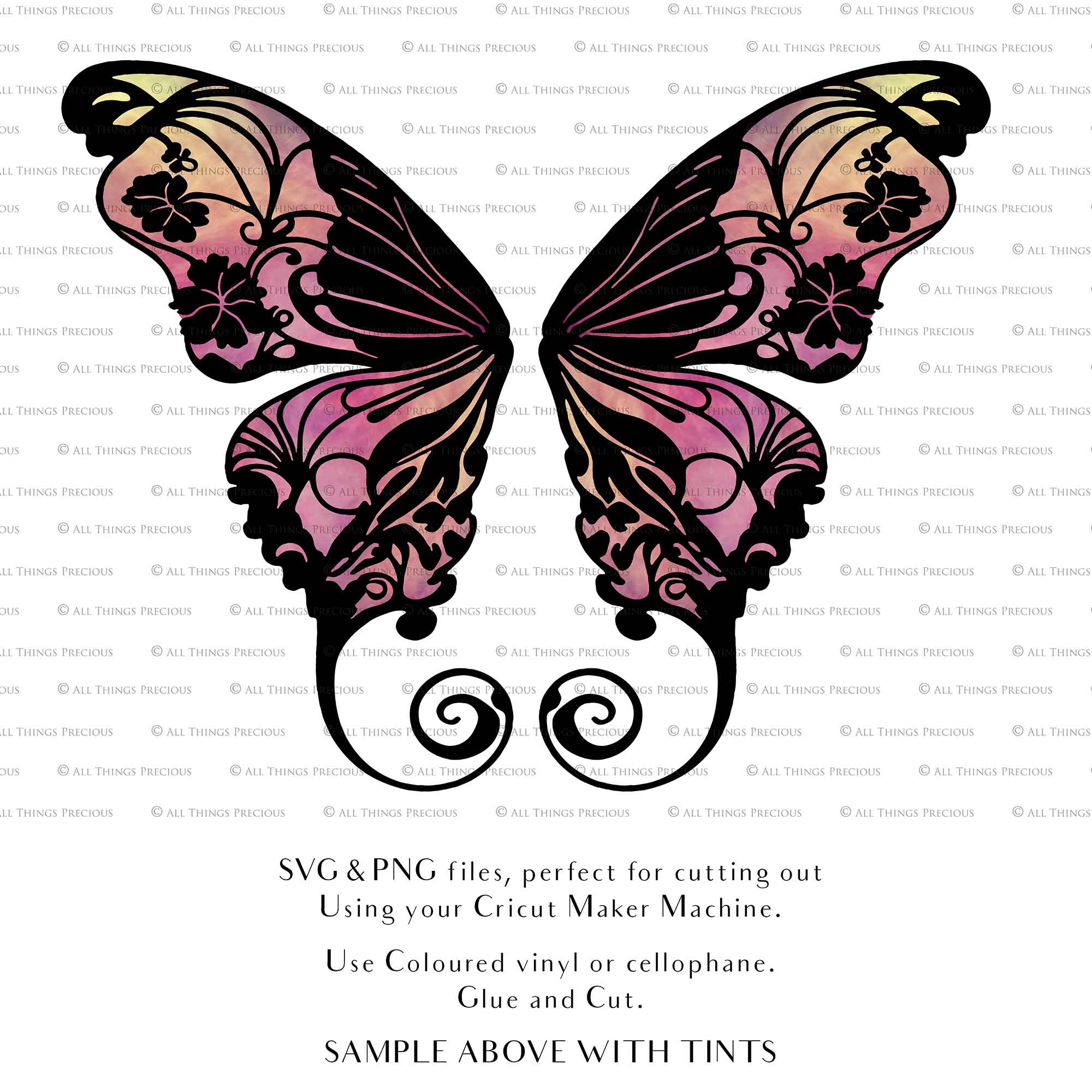 SVG & PNG Fairy Wing files for Cricut or Silhouette Cameo Cutting Machine. To create wearable fairy wings, in adult or children sizes. Graphic design for Halloween Costumes, Fantasy or Cosplay or photography. Print for weddings, engagements, baby shower invitations. DIY Printable. Fairycore, Cottagecore.
