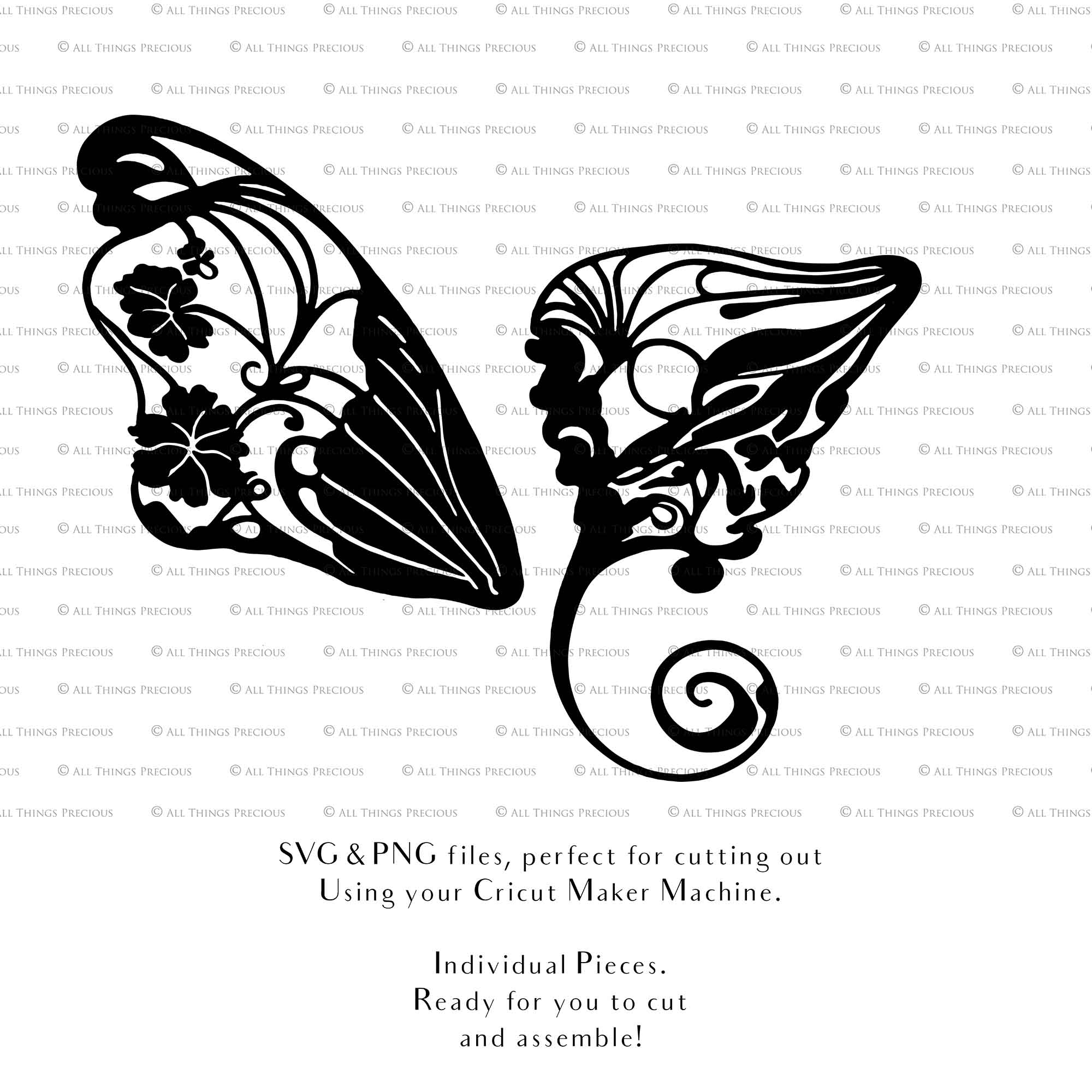 SVG & PNG Fairy Wing files for Cricut or Silhouette Cameo Cutting Machine. To create wearable fairy wings, in adult or children sizes. Graphic design for Halloween Costumes, Fantasy or Cosplay or photography. Print for weddings, engagements, baby shower invitations. DIY Printable. Fairycore, Cottagecore.