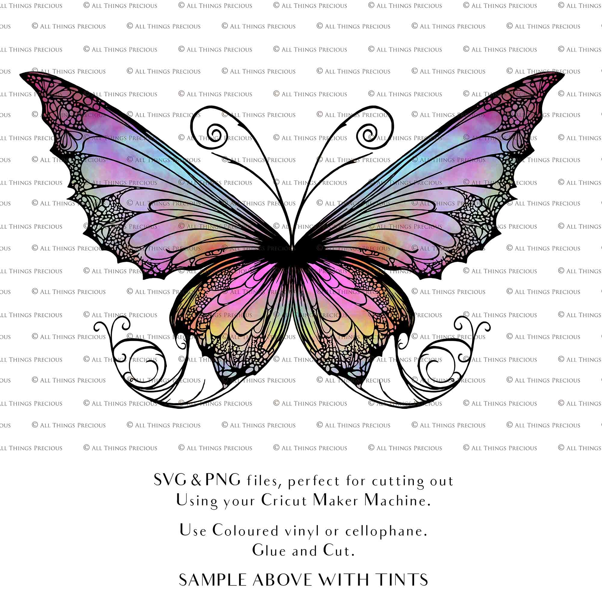 SVG & PNG Fairy Wing files for Cricut or Silhouette Cameo Cutting Machine. To create wearable fairy wings, in adult or children sizes. Graphic design for Halloween Costumes, Fantasy or Cosplay or photography. Print for weddings, engagements, baby shower invitations. DIY Printable. Fairycore, Cottagecore.