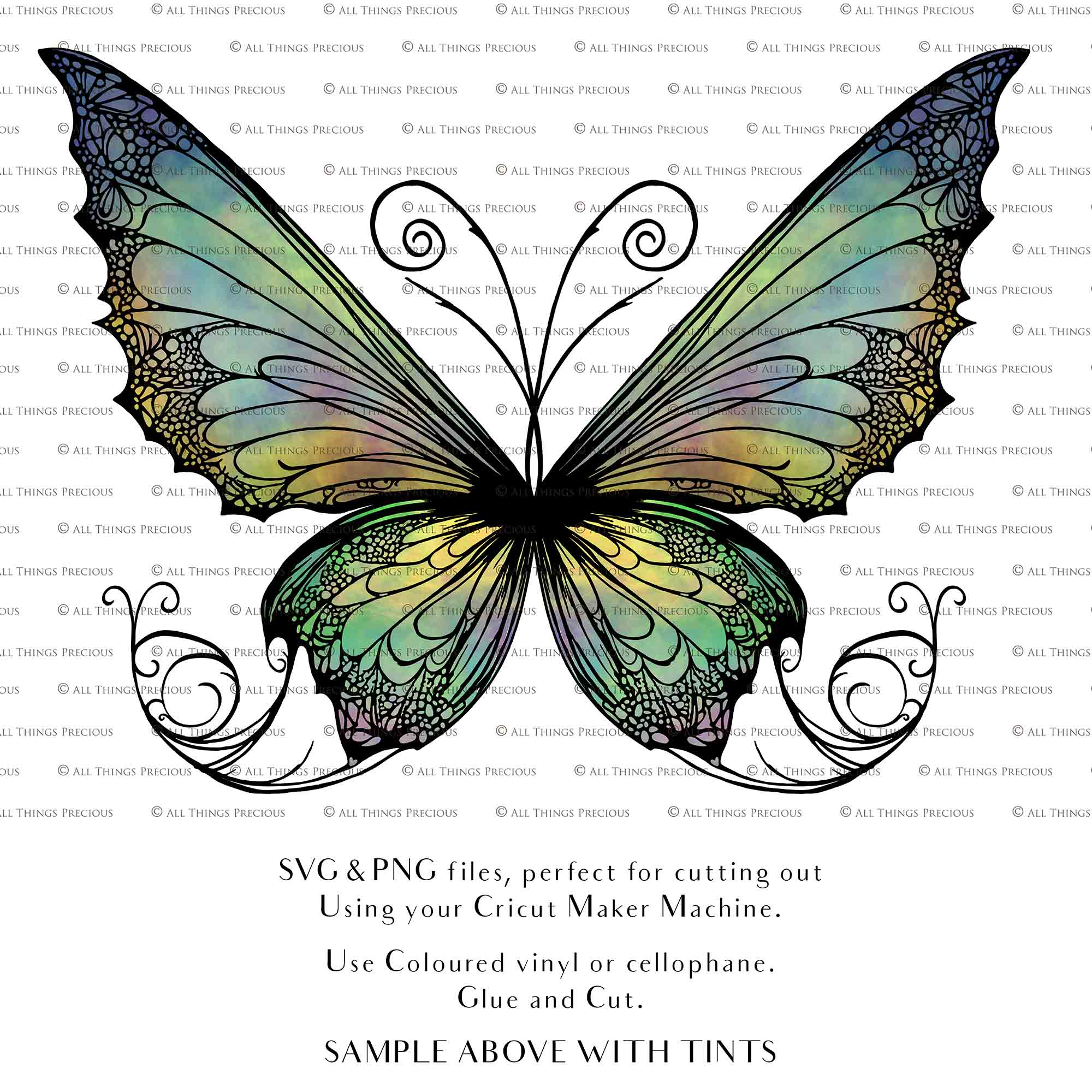 SVG & PNG Fairy Wing files for Cricut or Silhouette Cameo Cutting Machine. To create wearable fairy wings, in adult or children sizes. Graphic design for Halloween Costumes, Fantasy or Cosplay or photography. Print for weddings, engagements, baby shower invitations. DIY Printable. Fairycore, Cottagecore.