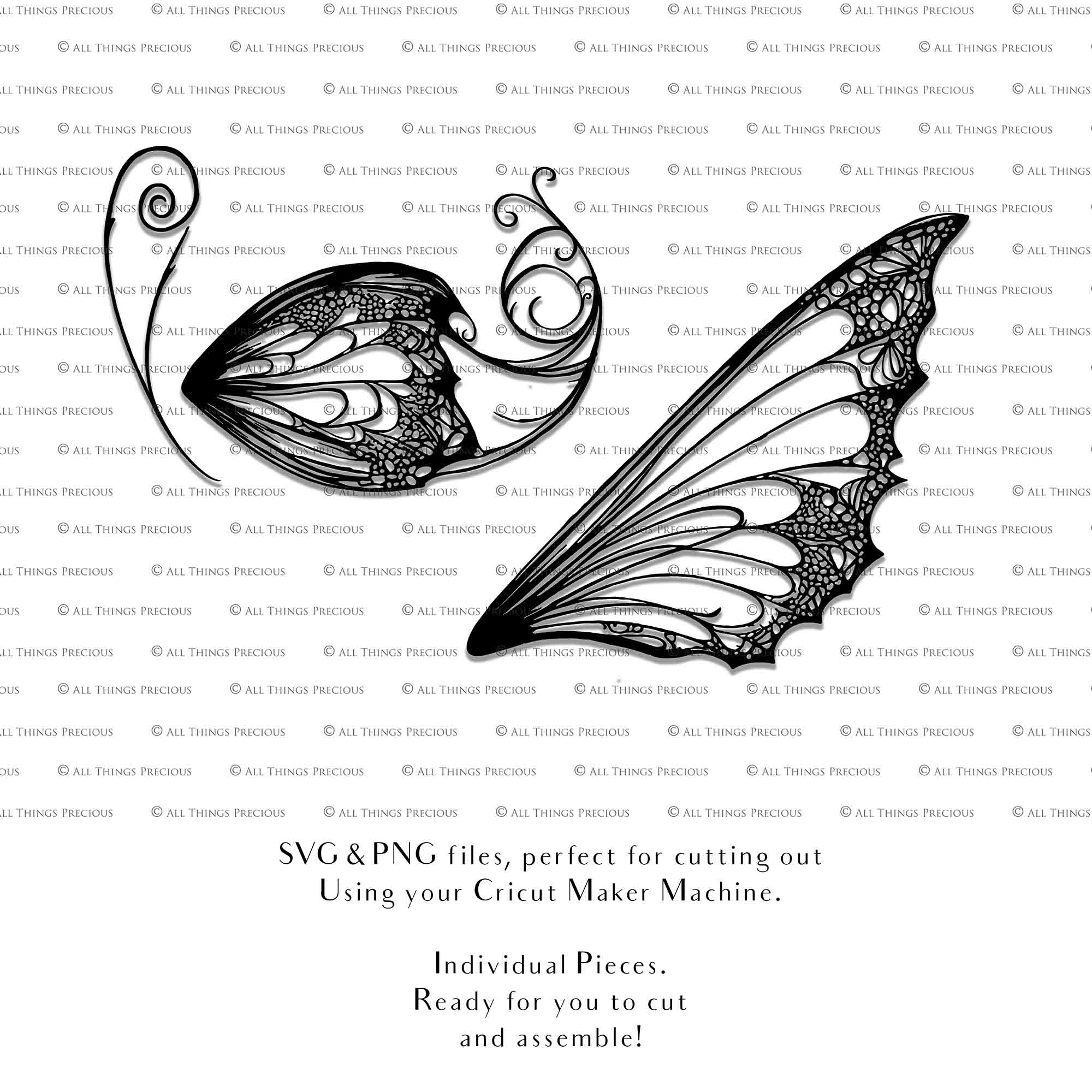 SVG & PNG Fairy Wing files for Cricut or Silhouette Cameo Cutting Machine. To create wearable fairy wings, in adult or children sizes. Graphic design for Halloween Costumes, Fantasy or Cosplay or photography. Print for weddings, engagements, baby shower invitations. DIY Printable. Fairycore, Cottagecore.