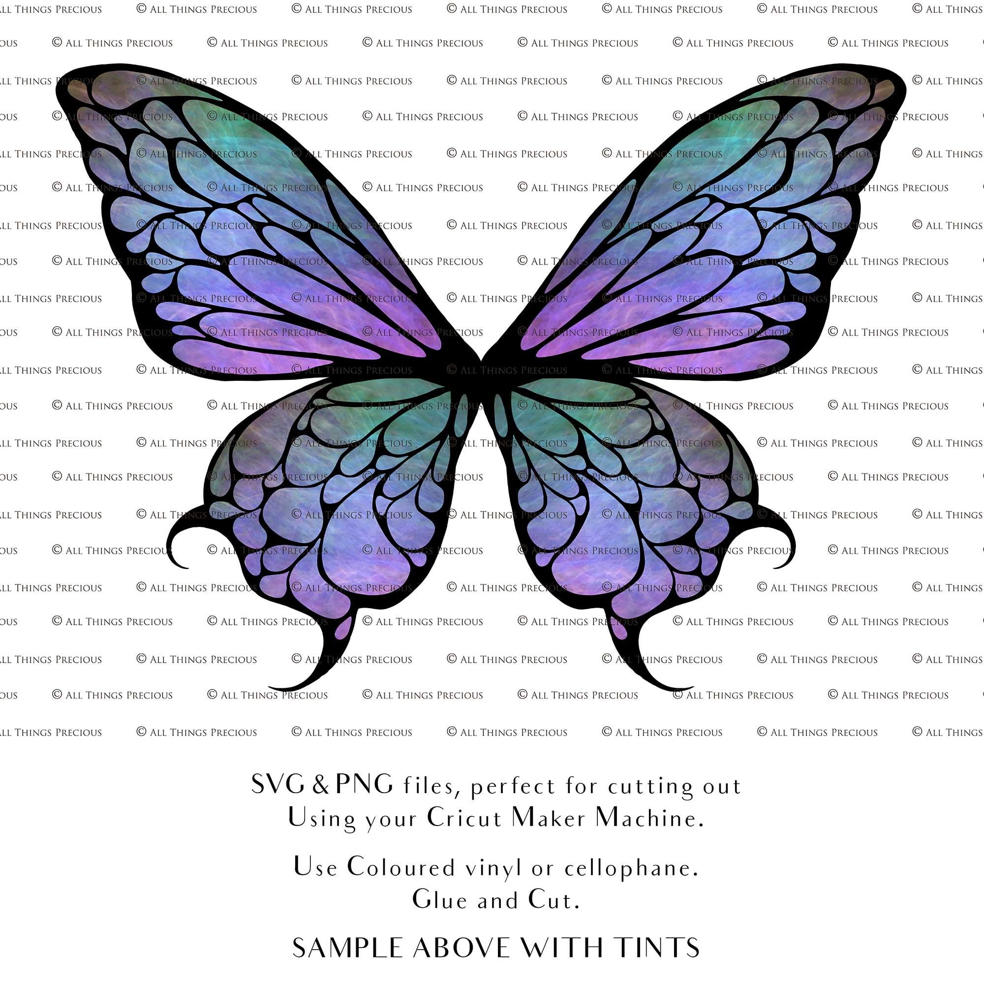 SVG & PNG Fairy Wing files for Cricut or Silhouette Cameo Cutting Machine. To create wearable fairy wings, in adult or children sizes. Simply load the design into design space for Cricut, re size and you are set to go!  These are Individual Wing Pieces, for you to cut and assemble. This is a DIGITAL product. 