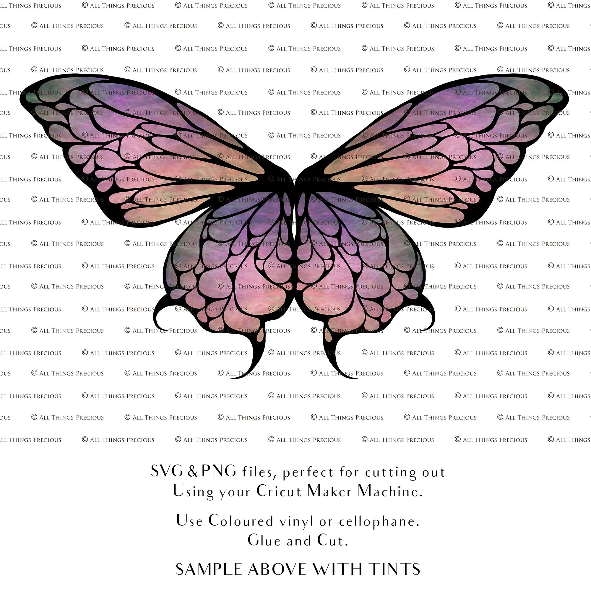SVG & PNG Fairy Wing files for Cricut or Silhouette Cameo Cutting Machine. To create wearable fairy wings, in adult or children sizes. Simply load the design into design space for Cricut, re size and you are set to go!  These are Individual Wing Pieces, for you to cut and assemble. This is a DIGITAL product. 