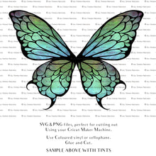 Load image into Gallery viewer, SVG &amp; PNG Fairy Wing files for Cricut or Silhouette Cameo Cutting Machine. To create wearable fairy wings, in adult or children sizes. Simply load the design into design space for Cricut, re size and you are set to go!  These are Individual Wing Pieces, for you to cut and assemble. This is a DIGITAL product. 
