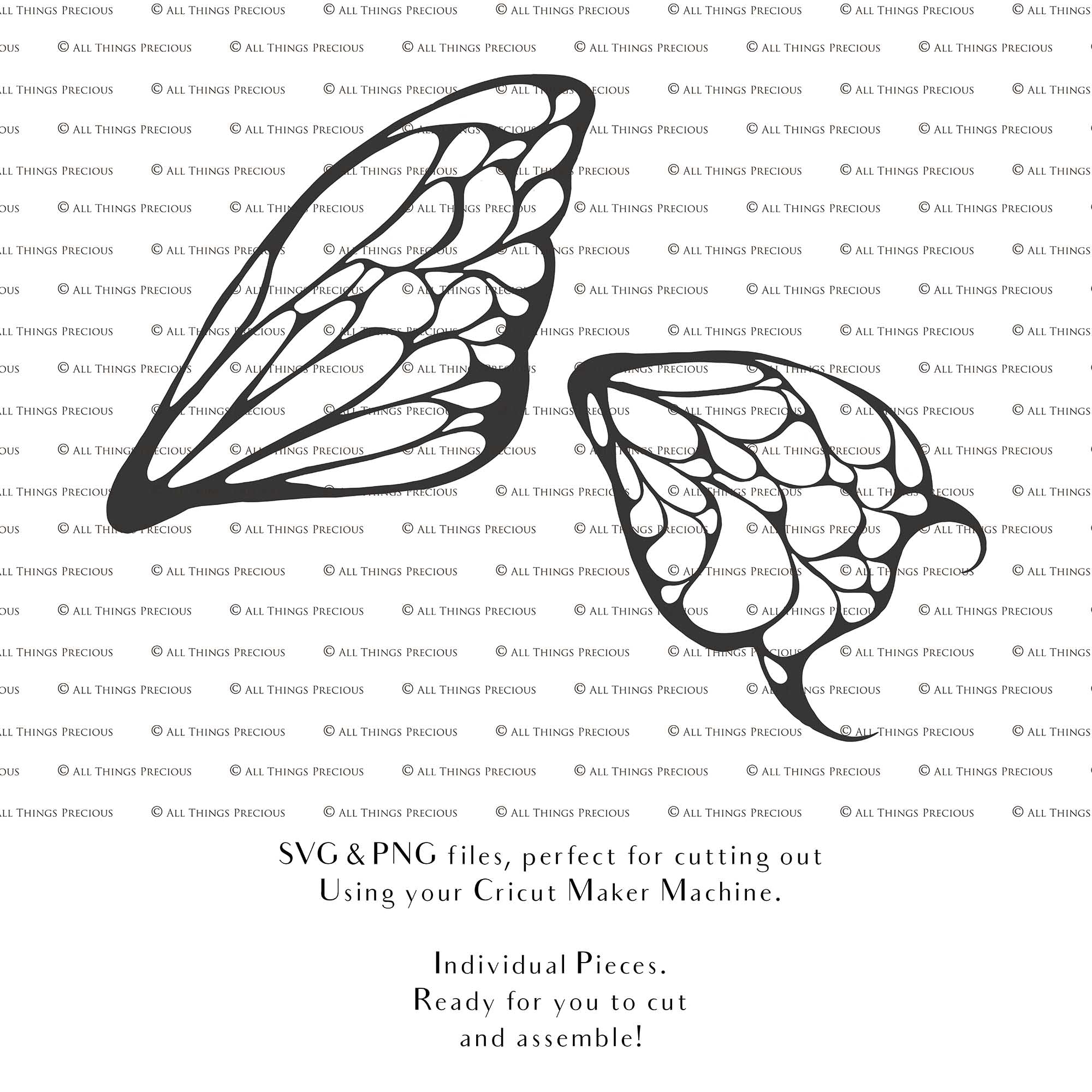 SVG & PNG Fairy Wing files for Cricut or Silhouette Cameo Cutting Machine. To create wearable fairy wings, in adult or children sizes. Simply load the design into design space for Cricut, re size and you are set to go!  These are Individual Wing Pieces, for you to cut and assemble. This is a DIGITAL product. 