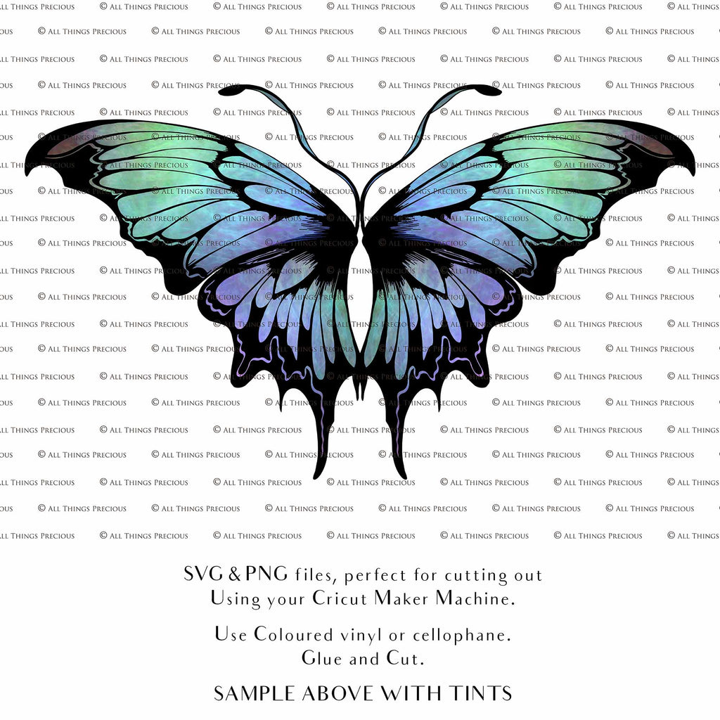 SVG & PNG Fairy Wing files for Cricut or Silhouette Cameo Cutting Machine. To create wearable fairy wings, in adult or children sizes. Simply load the design into design space for Cricut, re size and you are set to go!  These are Individual Wing Pieces, for you to cut and assemble. This is a DIGITAL product. 