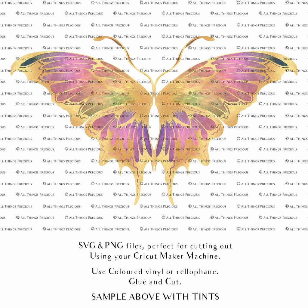 SVG & PNG Fairy Wing files for Cricut or Silhouette Cameo Cutting Machine. To create wearable fairy wings, in adult or children sizes. Simply load the design into design space for Cricut, re size and you are set to go!  These are Individual Wing Pieces, for you to cut and assemble. This is a DIGITAL product. 