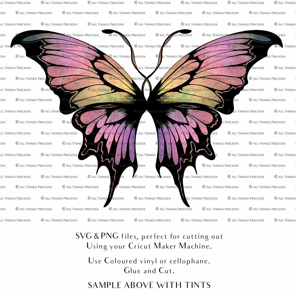 SVG & PNG Fairy Wing files for Cricut or Silhouette Cameo Cutting Machine. To create wearable fairy wings, in adult or children sizes. Simply load the design into design space for Cricut, re size and you are set to go!  These are Individual Wing Pieces, for you to cut and assemble. This is a DIGITAL product. 