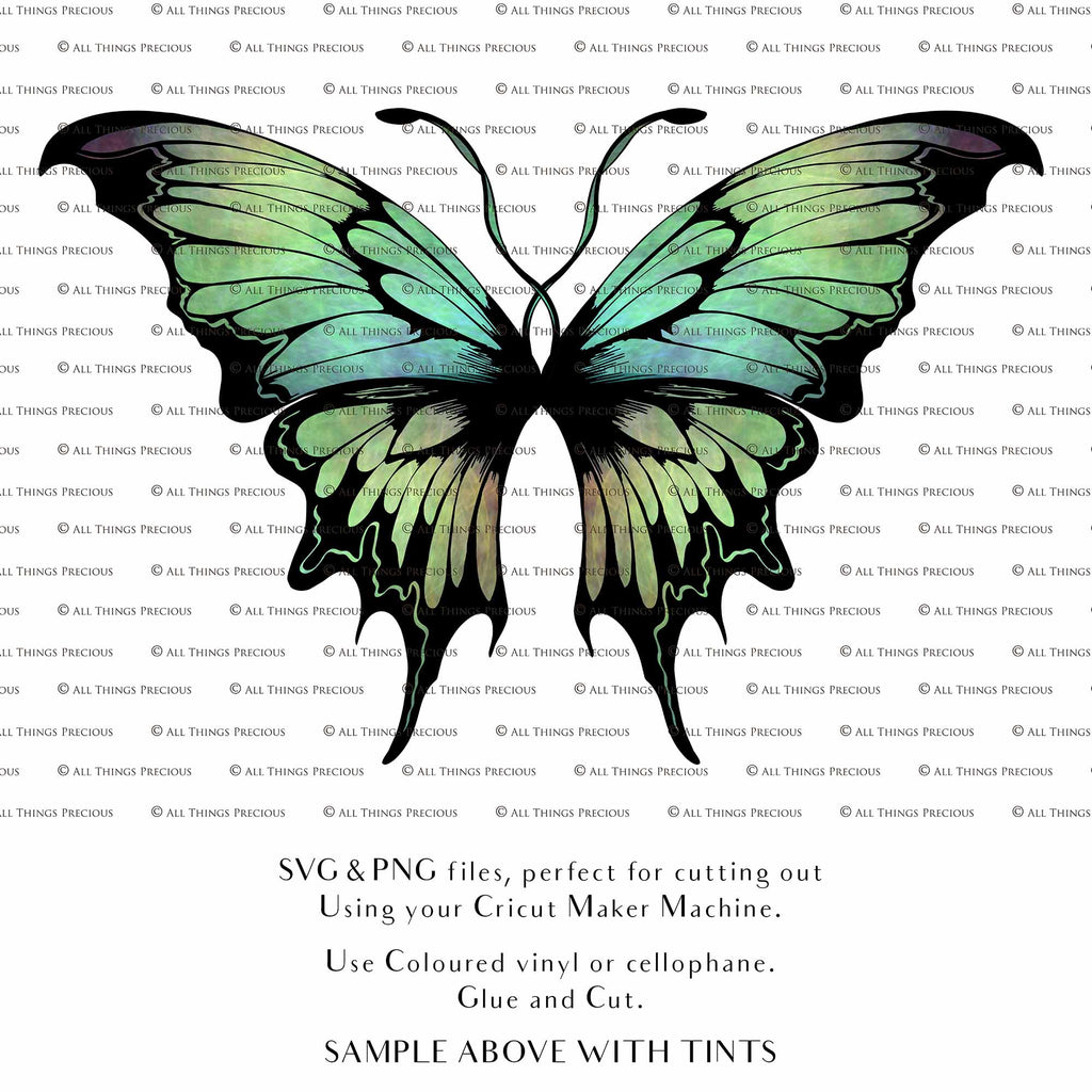 SVG & PNG Fairy Wing files for Cricut or Silhouette Cameo Cutting Machine. To create wearable fairy wings, in adult or children sizes. Simply load the design into design space for Cricut, re size and you are set to go!  These are Individual Wing Pieces, for you to cut and assemble. This is a DIGITAL product. 