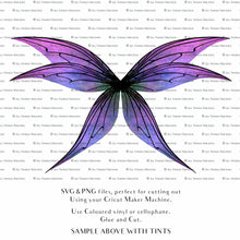 Load image into Gallery viewer, SVG &amp; PNG Fairy Wing files for Cricut or Silhouette Cameo Cutting Machine. To create wearable fairy wings, in adult or children sizes. These are Individual Wing Pieces, for you to cut and assemble. This is a DIGITAL product. 
