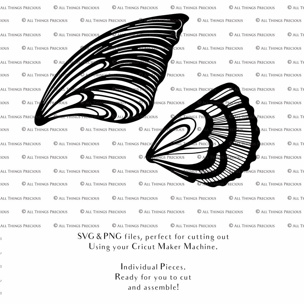 SVG & PNG Fairy Wing files for Cricut or Silhouette Cameo Cutting Machine. To create wearable fairy wings, in adult or children sizes. Simply load the design into design space for Cricut, re size and you are set to go!  These are Individual Wing Pieces, for you to cut and assemble. This is a DIGITAL product. 