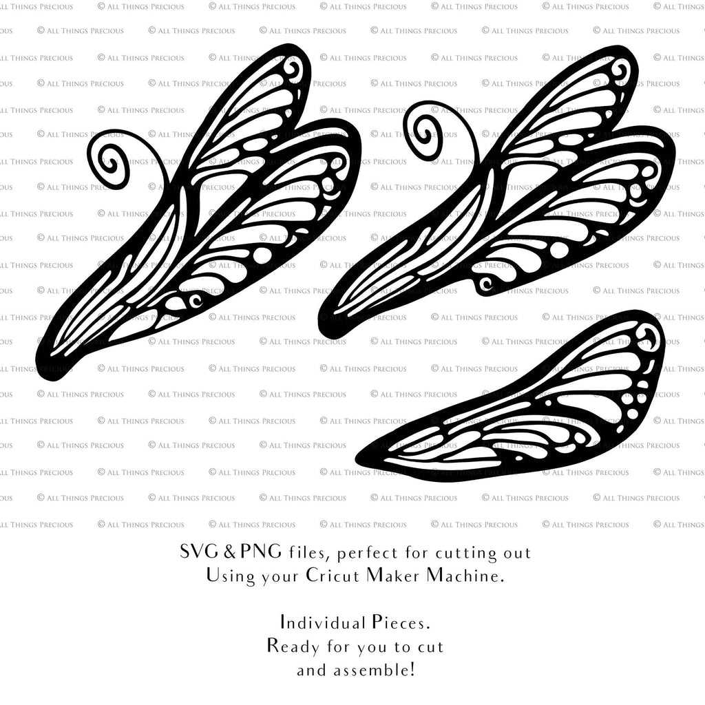 SVG & PNG Fairy Wing files for Cricut or Silhouette Cameo Cutting Machine. To create wearable fairy wings, in adult or children sizes. Simply load the design into design space for Cricut, re size and you are set to go!  These are Individual Wing Pieces, for you to cut and assemble. This is a DIGITAL product. 