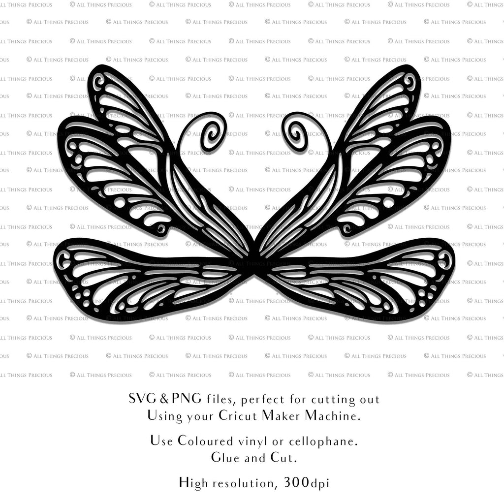 SVG & PNG Fairy Wing files for Cricut or Silhouette Cameo Cutting Machine. To create wearable fairy wings, in adult or children sizes. Simply load the design into design space for Cricut, re size and you are set to go!  These are Individual Wing Pieces, for you to cut and assemble. This is a DIGITAL product. 