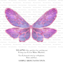 Load image into Gallery viewer, SVG &amp; PNG Fairy Wing files for Cricut or Silhouette Cameo Cutting Machine. To create wearable fairy wings, in adult or children sizes. Simply load the design into design space for Cricut, re size and you are set to go!  These are Individual Wing Pieces, for you to cut and assemble. This is a DIGITAL product. 
