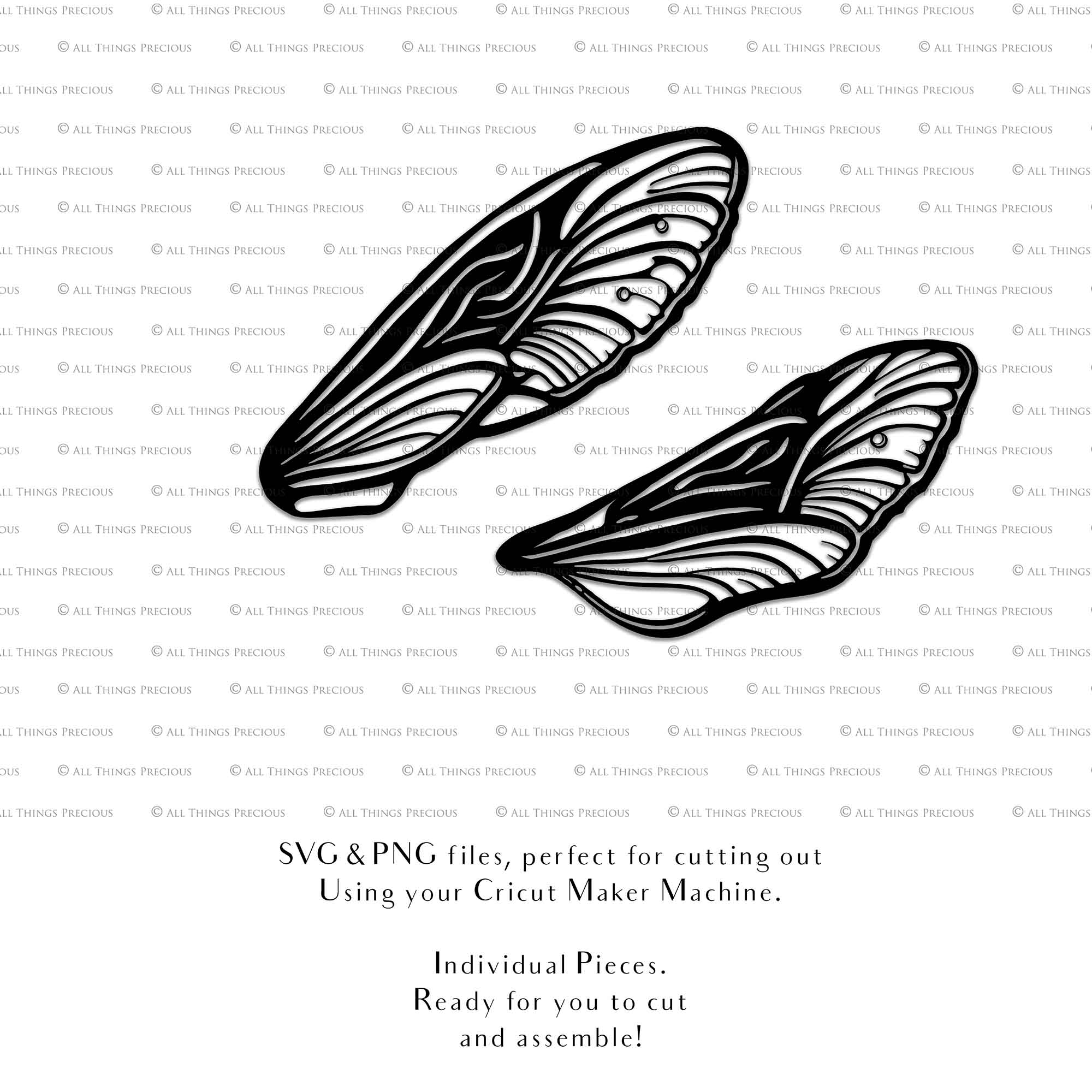 SVG & PNG Fairy Wing files for Cricut or Silhouette Cameo Cutting Machine. To create wearable fairy wings, in adult or children sizes. Simply load the design into design space for Cricut, re size and you are set to go!  These are Individual Wing Pieces, for you to cut and assemble. This is a DIGITAL product. 