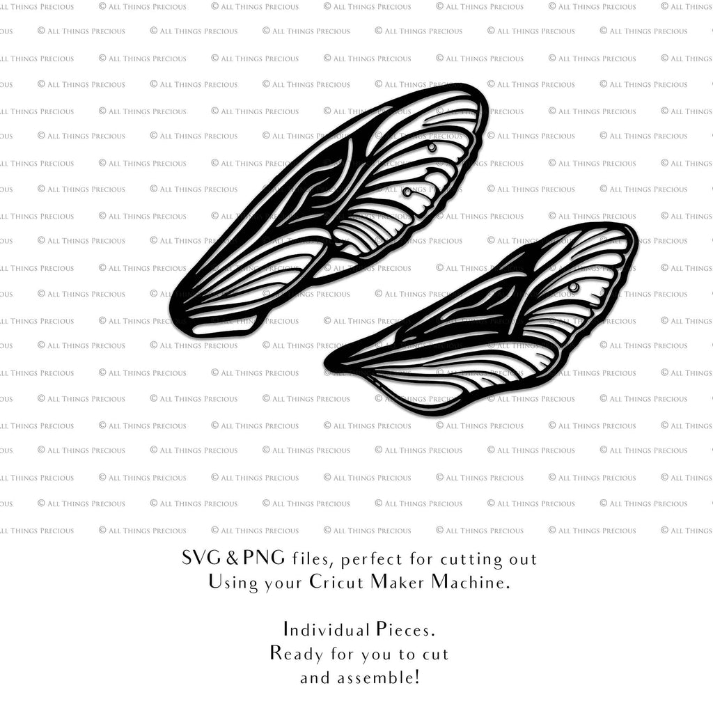 SVG & PNG Fairy Wing files for Cricut or Silhouette Cameo Cutting Machine. To create wearable fairy wings, in adult or children sizes. Simply load the design into design space for Cricut, re size and you are set to go!  These are Individual Wing Pieces, for you to cut and assemble. This is a DIGITAL product. 