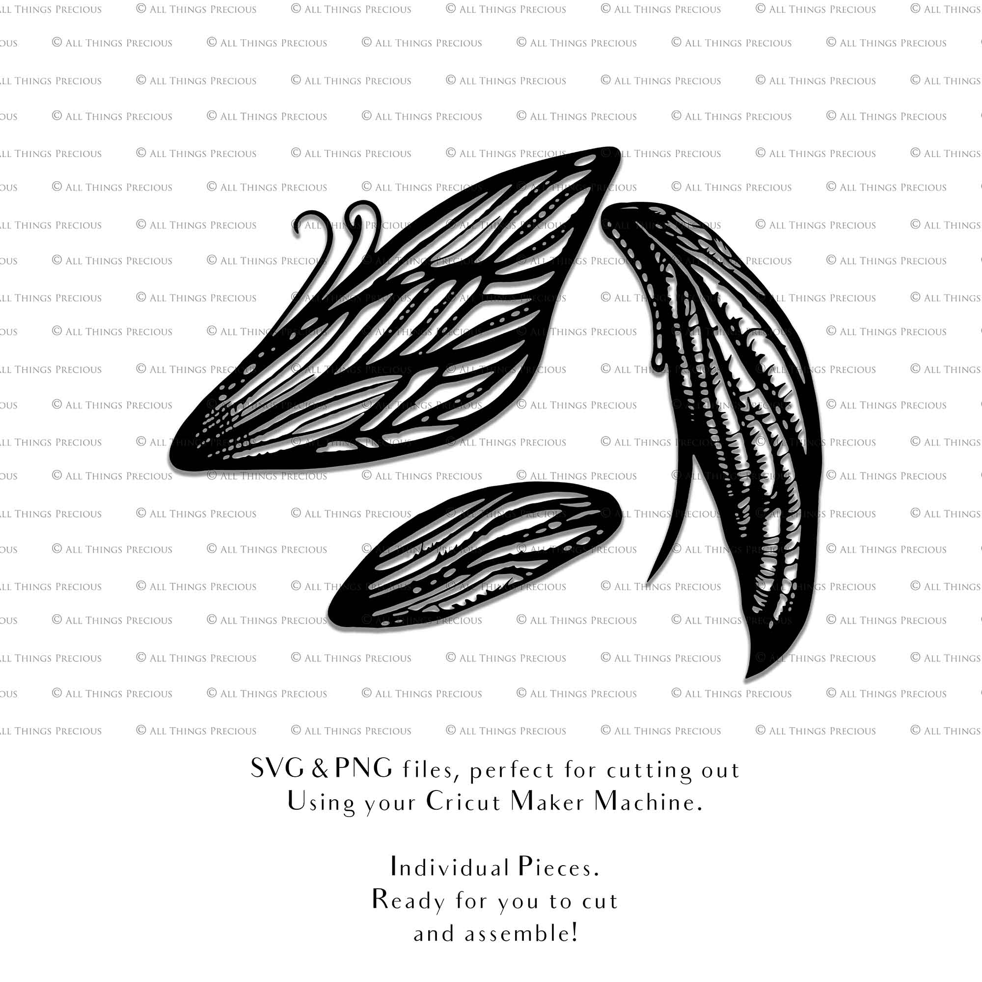 SVG & PNG Fairy Wing files for Cricut or Silhouette Cameo Cutting Machine. To create wearable fairy wings, in adult or children sizes. Simply load the design into design space for Cricut, re size and you are set to go!  These are Individual Wing Pieces, for you to cut and assemble. This is a DIGITAL product. 