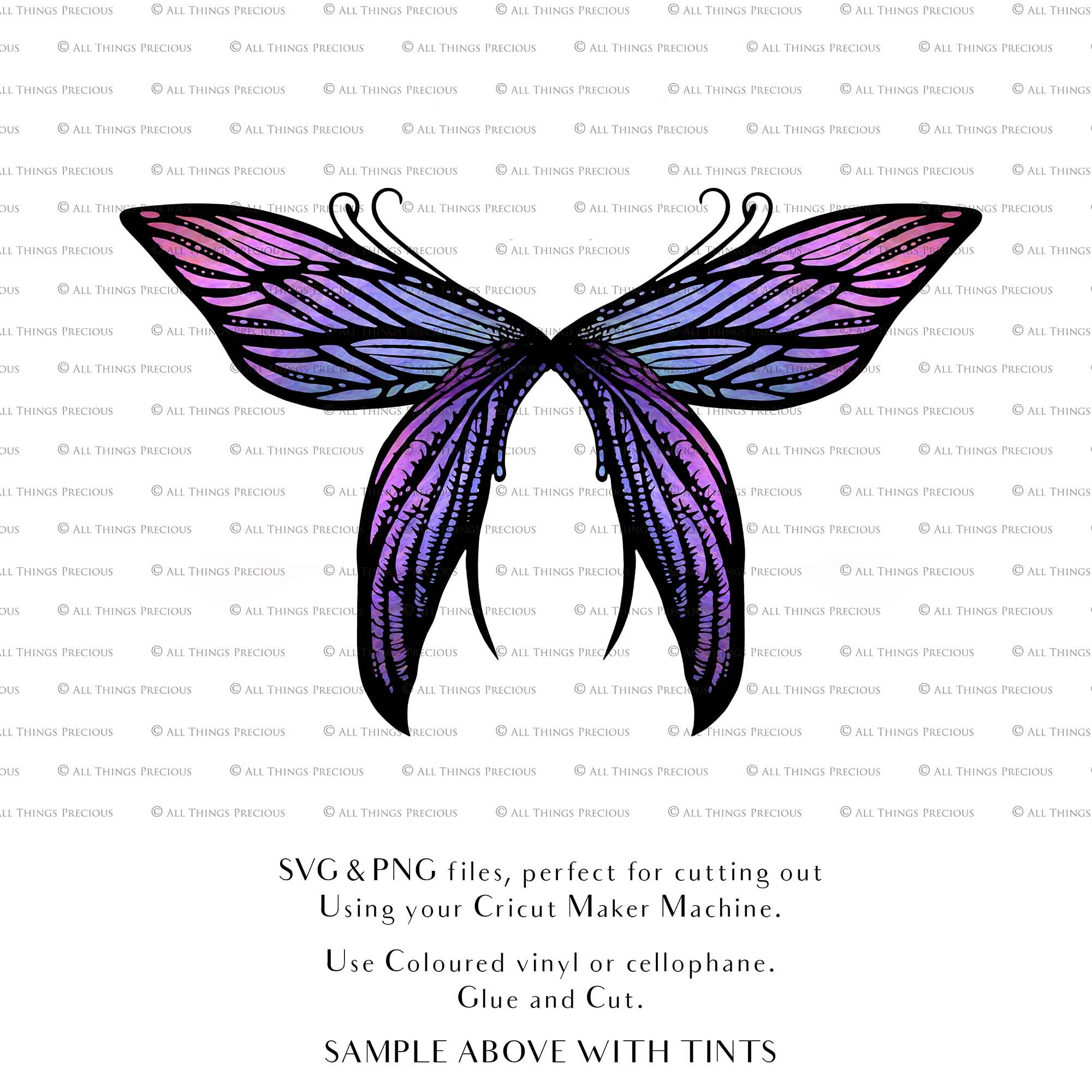 SVG & PNG Fairy Wing files for Cricut or Silhouette Cameo Cutting Machine. To create wearable fairy wings, in adult or children sizes. Simply load the design into design space for Cricut, re size and you are set to go!  These are Individual Wing Pieces, for you to cut and assemble. This is a DIGITAL product. 