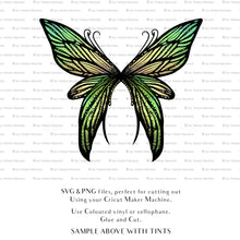 Load image into Gallery viewer, SVG &amp; PNG Fairy Wing files for Cricut or Silhouette Cameo Cutting Machine. To create wearable fairy wings, in adult or children sizes. Simply load the design into design space for Cricut, re size and you are set to go!  These are Individual Wing Pieces, for you to cut and assemble. This is a DIGITAL product. 
