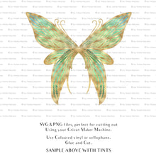 Load image into Gallery viewer, SVG &amp; PNG Fairy Wing files for Cricut or Silhouette Cameo Cutting Machine. To create wearable fairy wings, in adult or children sizes. Simply load the design into design space for Cricut, re size and you are set to go!  These are Individual Wing Pieces, for you to cut and assemble. This is a DIGITAL product. 
