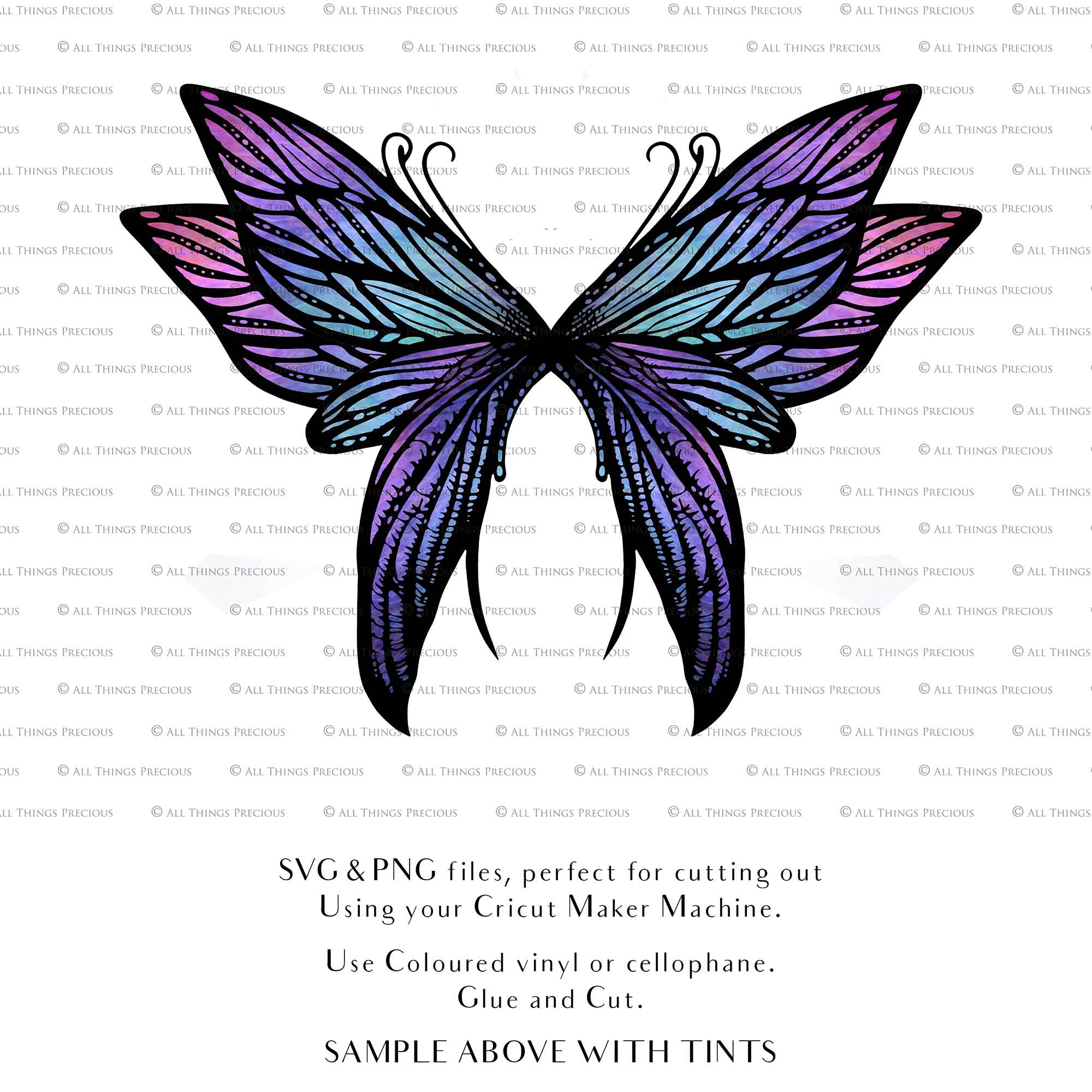 SVG & PNG Fairy Wing files for Cricut or Silhouette Cameo Cutting Machine. To create wearable fairy wings, in adult or children sizes. Simply load the design into design space for Cricut, re size and you are set to go!  These are Individual Wing Pieces, for you to cut and assemble. This is a DIGITAL product. 