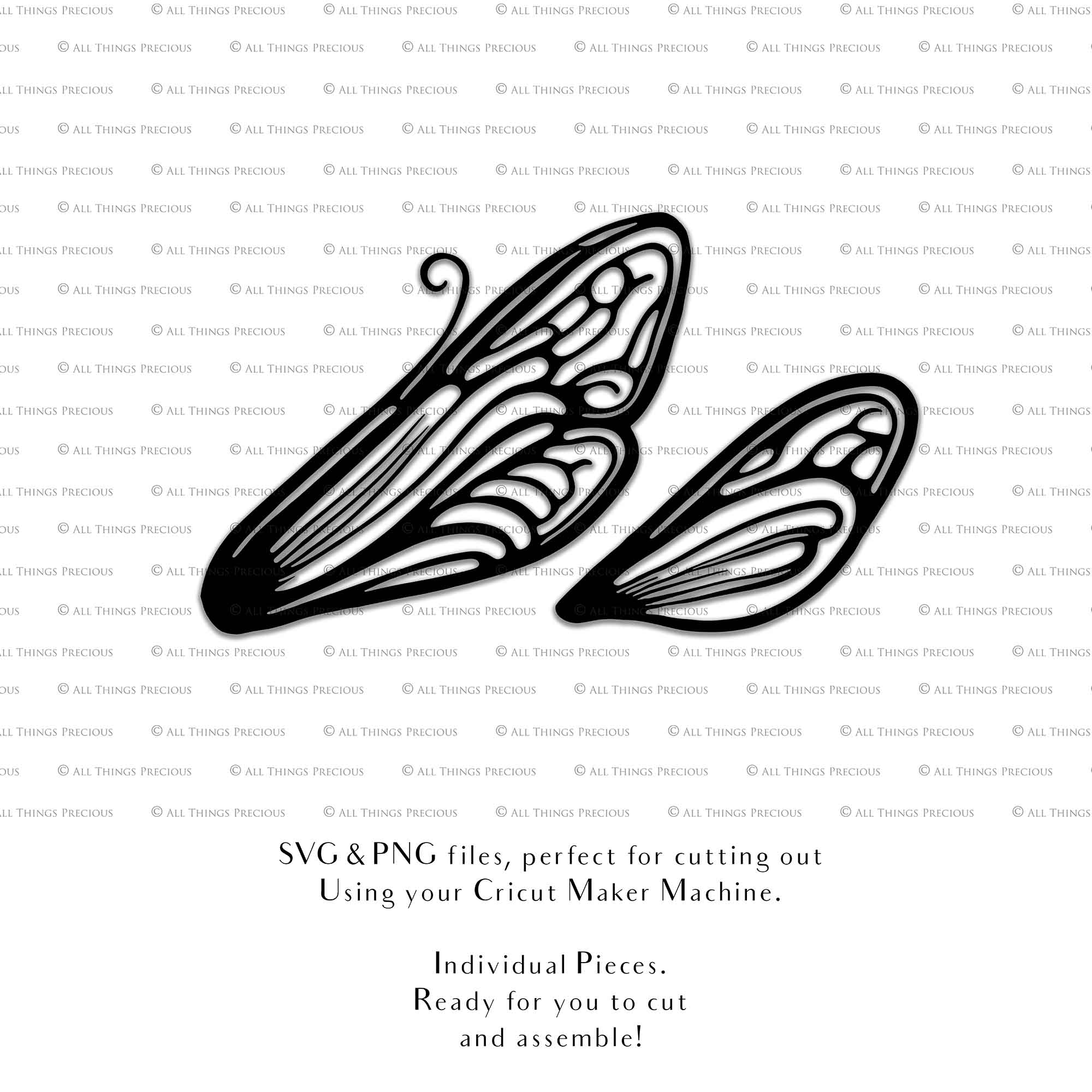 SVG & PNG Fairy Wing files for Cricut or Silhouette Cameo Cutting Machine. To create wearable fairy wings, in adult or children sizes. Simply load the design into design space for Cricut, re size and you are set to go!  These are Individual Wing Pieces, for you to cut and assemble. This is a DIGITAL product. 