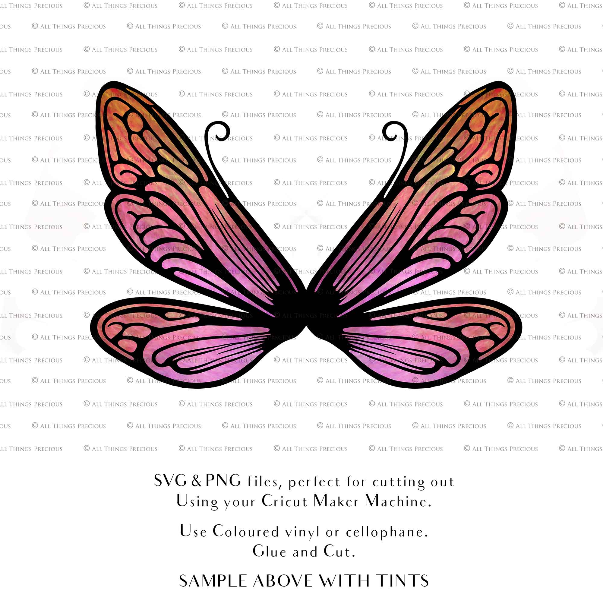 SVG & PNG Fairy Wing files for Cricut or Silhouette Cameo Cutting Machine. To create wearable fairy wings, in adult or children sizes. Simply load the design into design space for Cricut, re size and you are set to go!  These are Individual Wing Pieces, for you to cut and assemble. This is a DIGITAL product. 