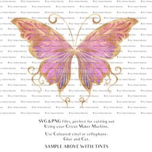 Load image into Gallery viewer, SVG &amp; PNG Fairy Wing files for Cricut or Silhouette Cameo Cutting Machine. To create wearable fairy wings, in adult or children sizes.  Use this clipart design for Halloween Costumes, Fantasy or Cosplay or photography. Or use as ephemera in weddings, engagements or baby shower invitations. These are Individual wing parts, for you to cut and assemble. This is a digital product. 
