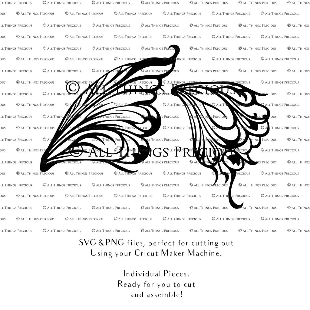 SVG & PNG Fairy Wing files for Cricut or Silhouette Cameo Cutting Machine. To create wearable fairy wings, in adult or children sizes.  Use this clipart design for Halloween Costumes, Fantasy or Cosplay or photography. Or use as ephemera in weddings, engagements or baby shower invitations. These are Individual wing parts, for you to cut and assemble. This is a digital product. 