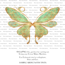 Load image into Gallery viewer, SVG &amp; PNG Fairy Wing files for Cricut or Silhouette Cameo Cutting Machine. To create wearable fairy wings, in adult or children sizes.  Use this clipart design for Halloween Costumes, Fantasy or Cosplay or photography. Or use as ephemera in weddings, engagements or baby shower invitations. These are Individual wing parts, for you to cut and assemble. This is a digital product. 

