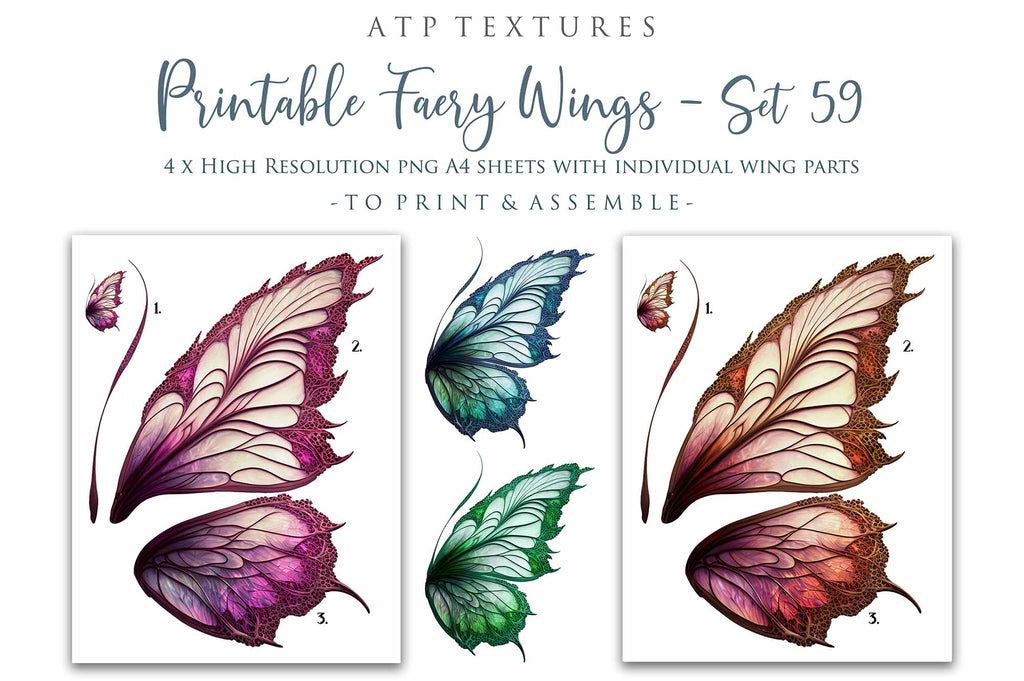 Printable Wings template. For Adult sized wings, child wings, Art dolls. Fairy wings for cosplay. Faerie fantasy, festival, halloween, Costume. Print and assemble. Pattern for making fairy wings.  High resolution Files. Png Overlays. Stained Glass.