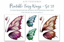 Load image into Gallery viewer, Printable Wings template. For Adult sized wings, child wings, Art dolls. Fairy wings for cosplay. Faerie fantasy, festival, halloween, Costume. Print and assemble. Pattern for making fairy wings.  High resolution Files. Png Overlays. Stained Glass.
