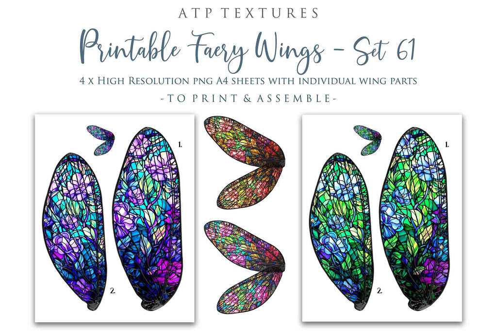 Printable Wings template. For Adult sized wings, child wings, Art dolls. Fairy wings for cosplay. Faerie fantasy, festival, halloween, Costume. Print and assemble. Pattern for making fairy wings.  High resolution Files. Png Overlays. Stained Glass.